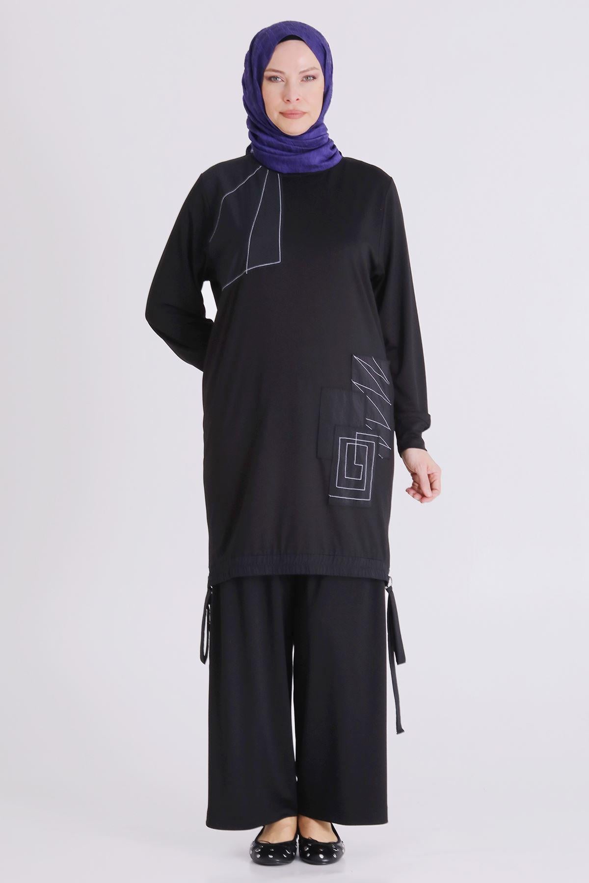 Behrem Büyük Beden Tesettür Pantolonlu Takım Siyah OTW3557