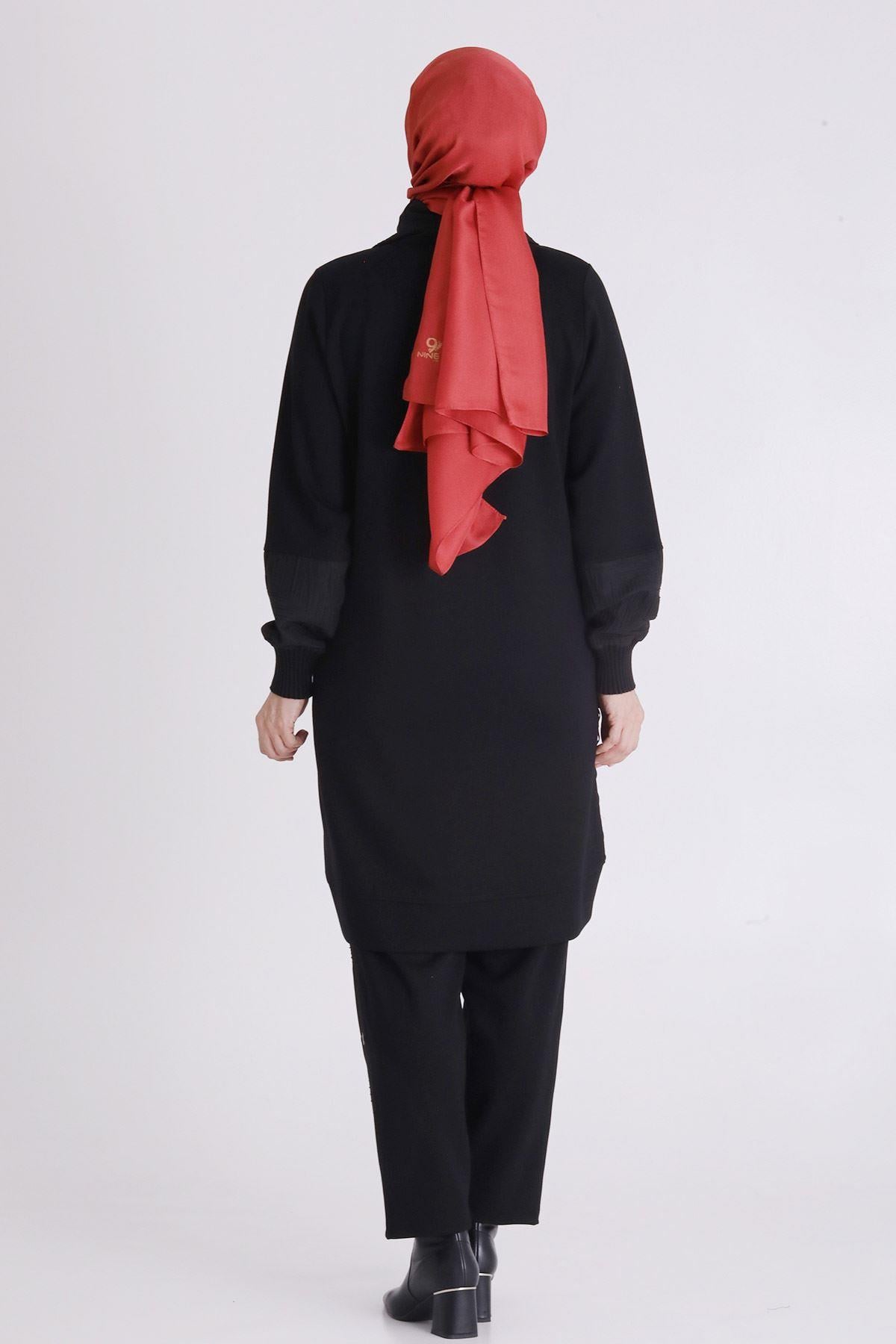 Behrem Büyük Beden Tesettür Pantolonlu Takım Siyah OTW35140