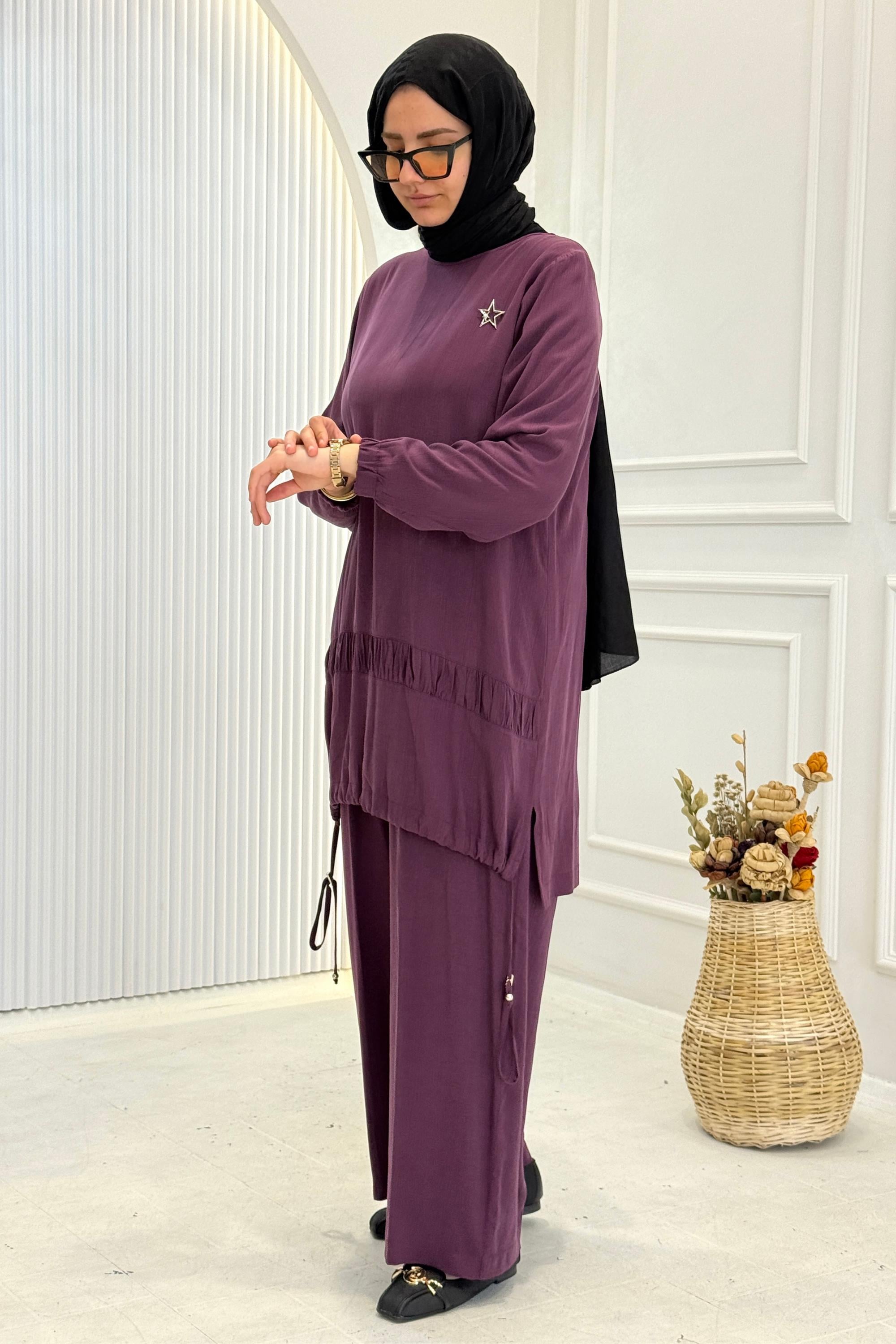 Behrem Büyük Beden Tesettür Pantolonlu Takım Vişne OTW3556