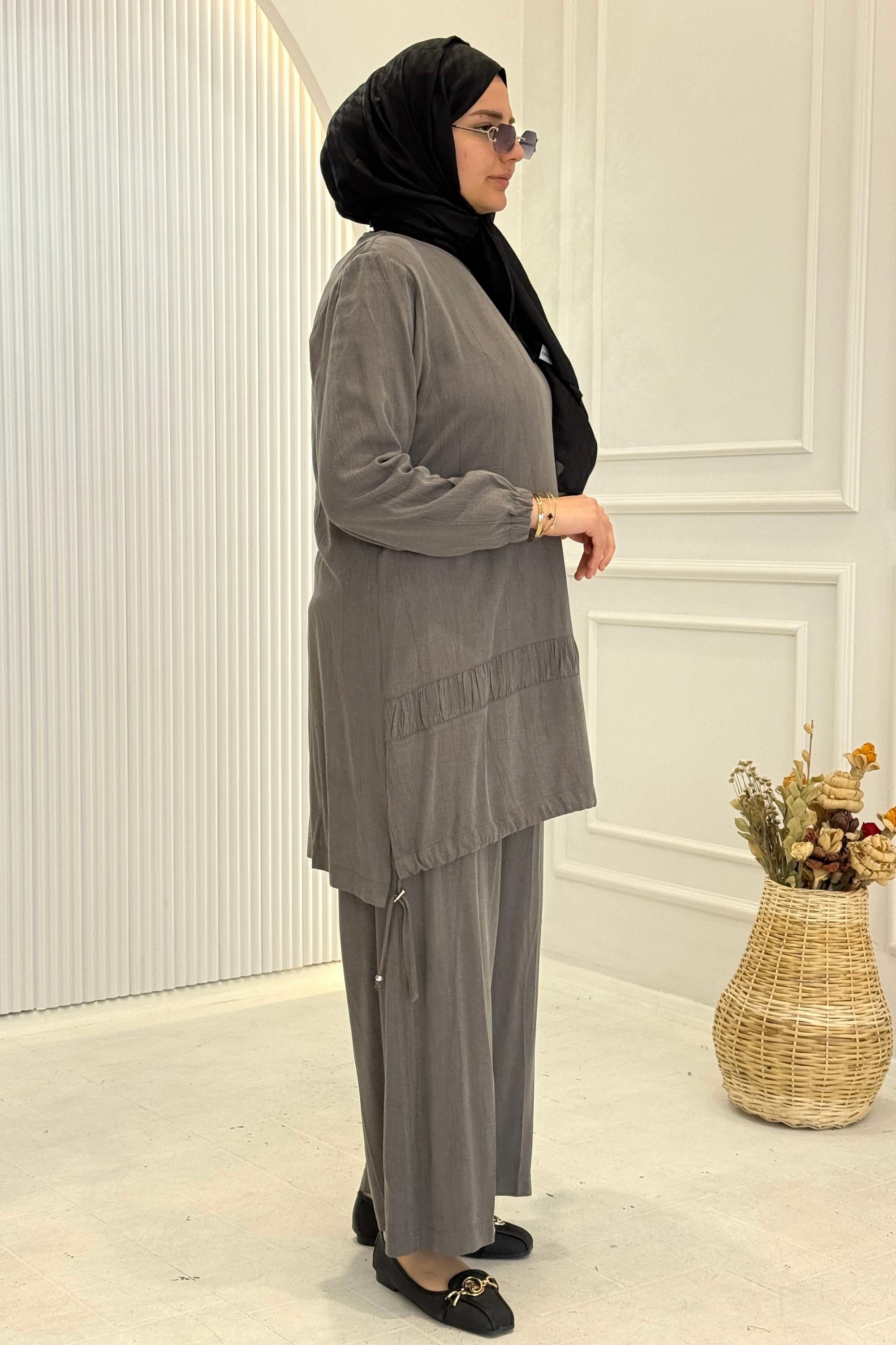 Behrem Büyük Beden Tesettür Pantolonlu Takım Duman Gri OTW3556