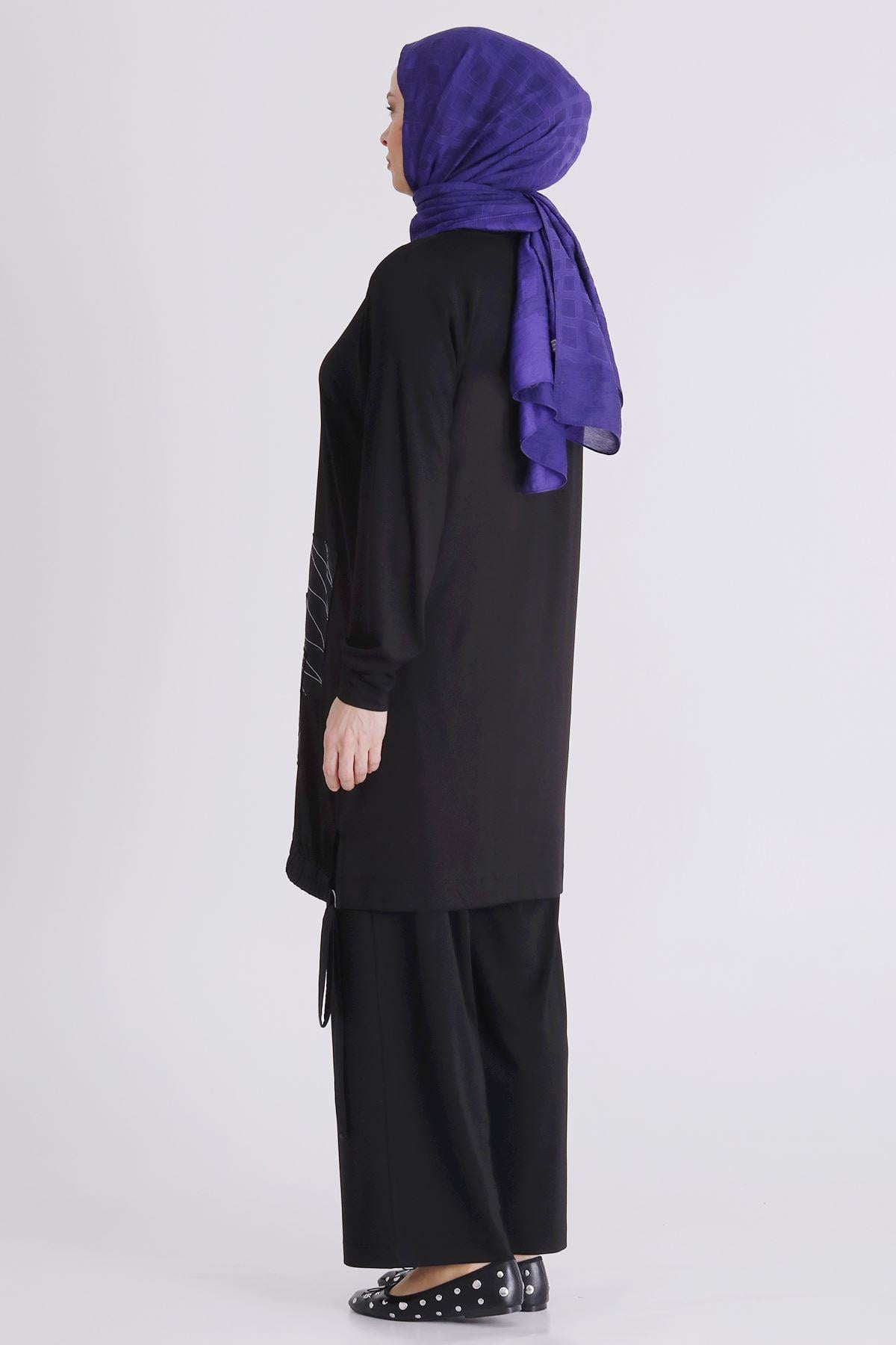 Behrem Büyük Beden Tesettür Pantolonlu Takım Siyah OTW3557