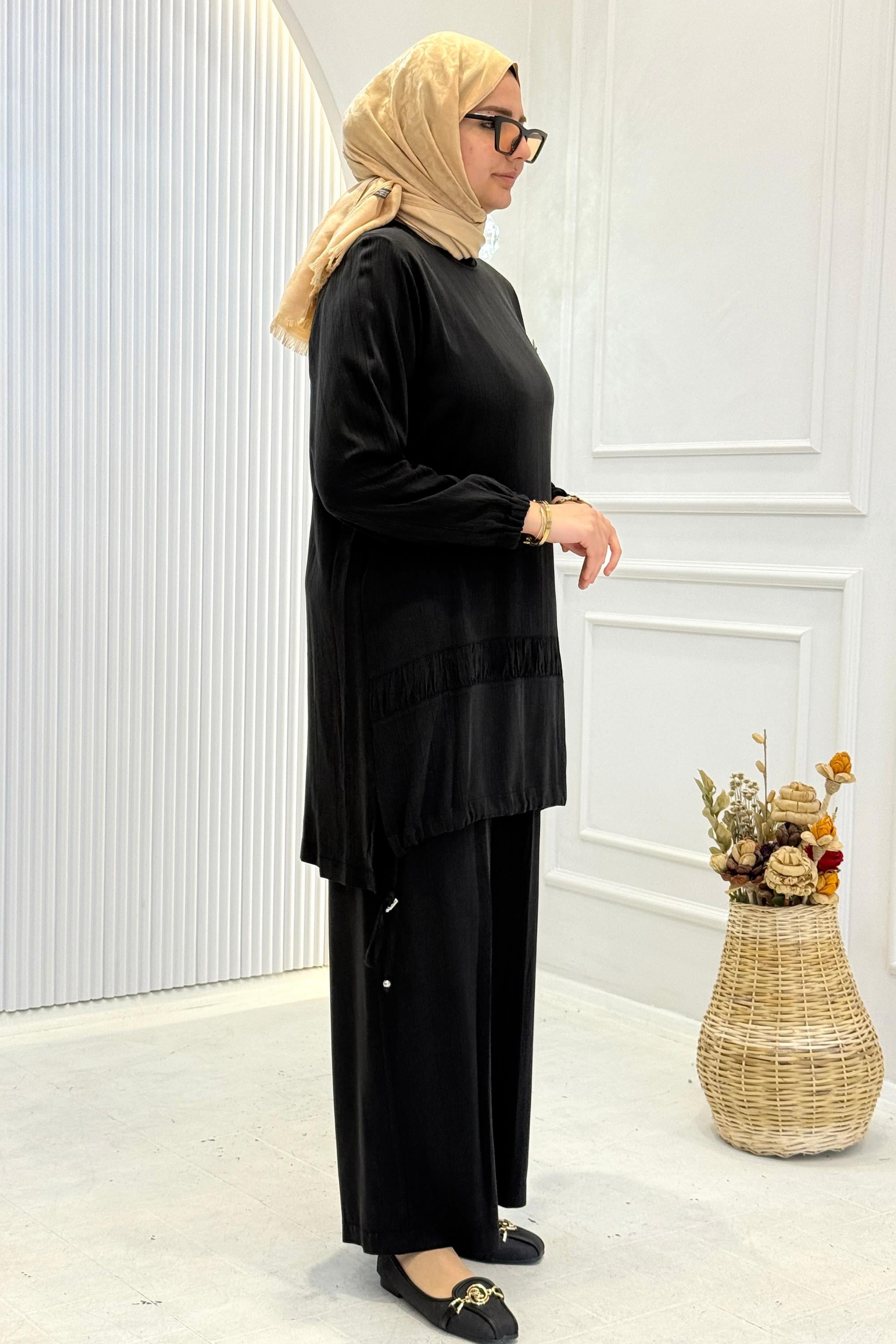 Behrem Büyük Beden Tesettür Pantolonlu Takım Siyah OTW3556