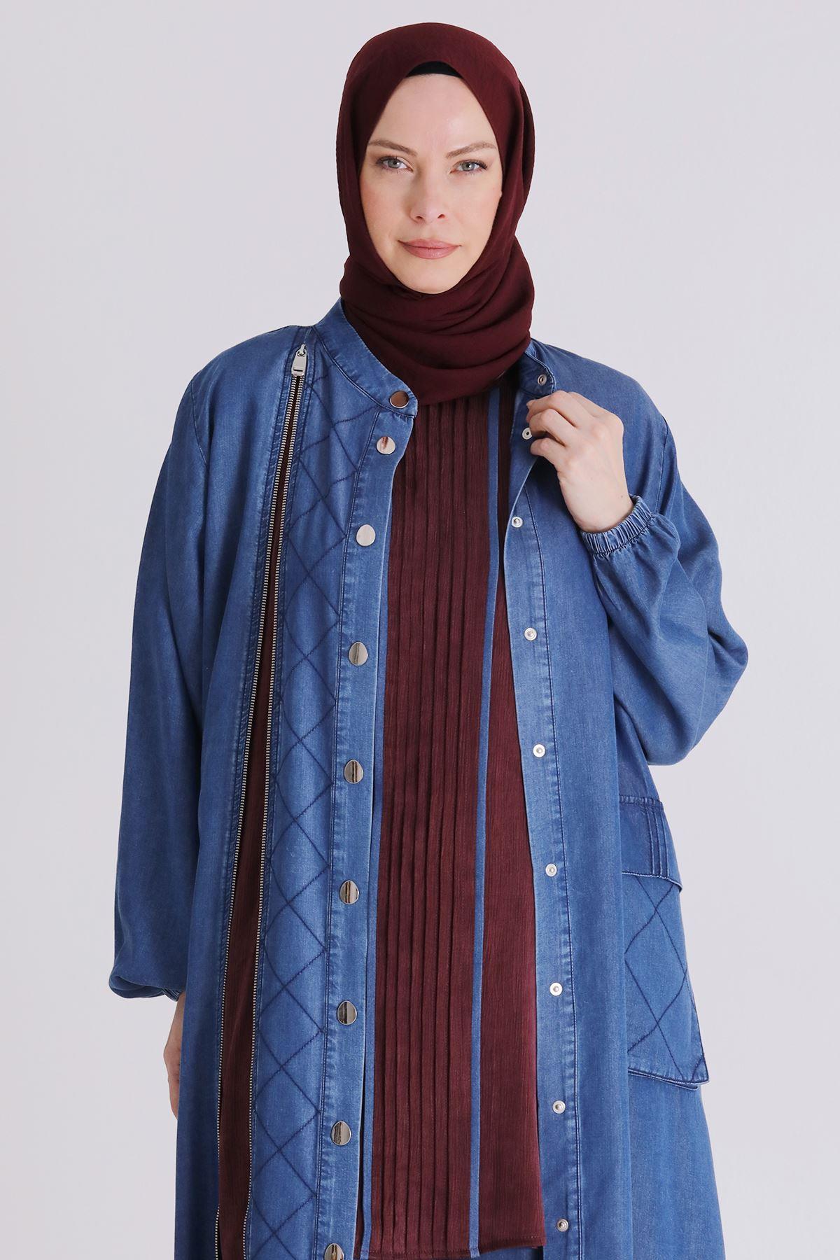 Behrem Büyük Beden Tesettür Pantolonlu Üçlü Tensel Takım Koyu Mavi OTW70020