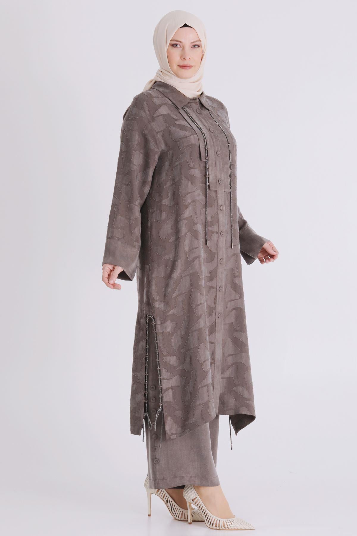 Behrem Büyük Beden Tesettür Pantolonlu Takım Koyu Vizon OTW35147