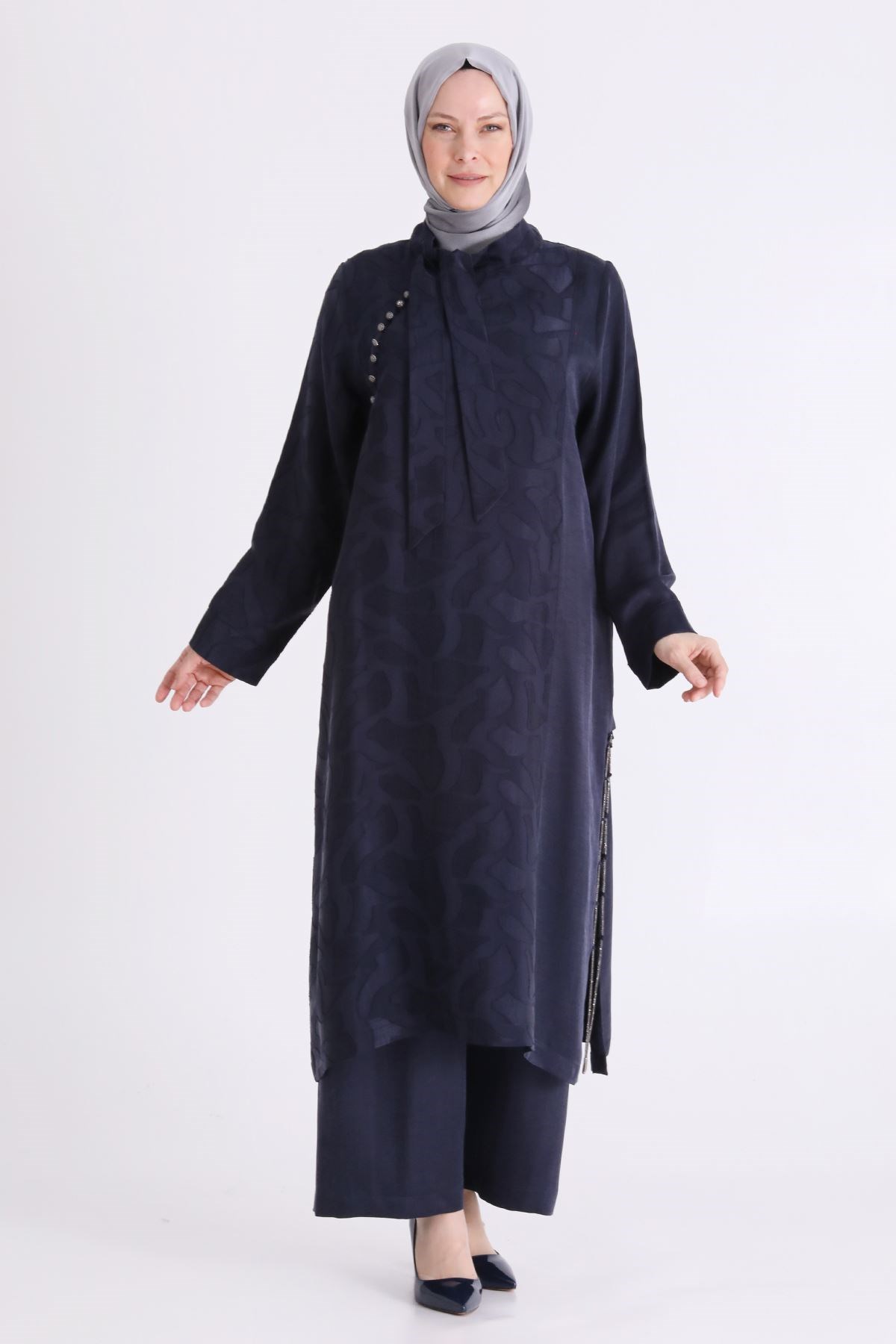 Behrem Büyük Beden Tesettür Pantolonlu Takım Lacivert OTW35156