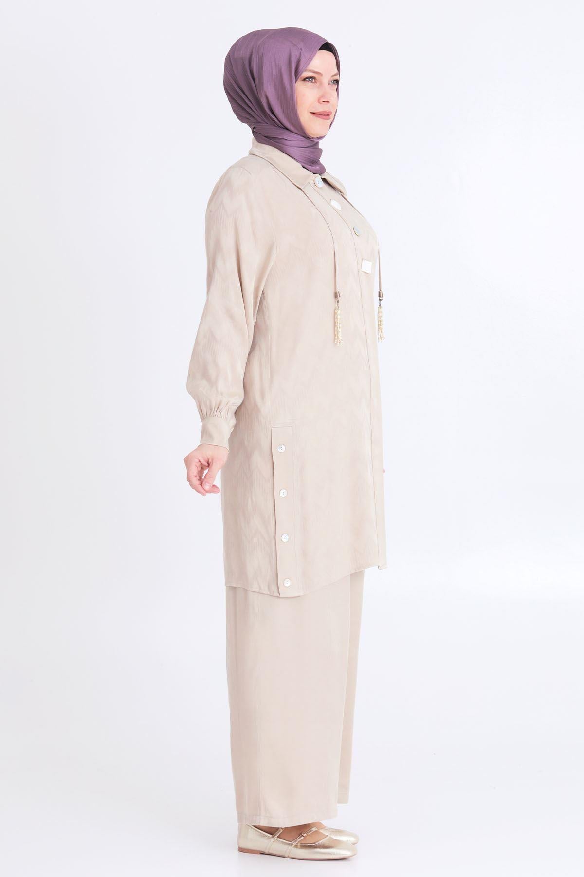 Behrem Büyük Beden Tesettür Pantolonlu Takım Bej OTW35117