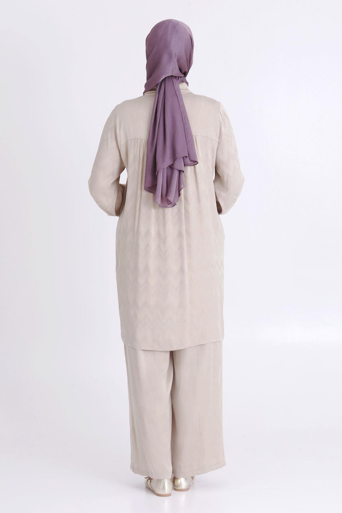 Behrem Büyük Beden Tesettür Pantolonlu Takım Bej OTW35117