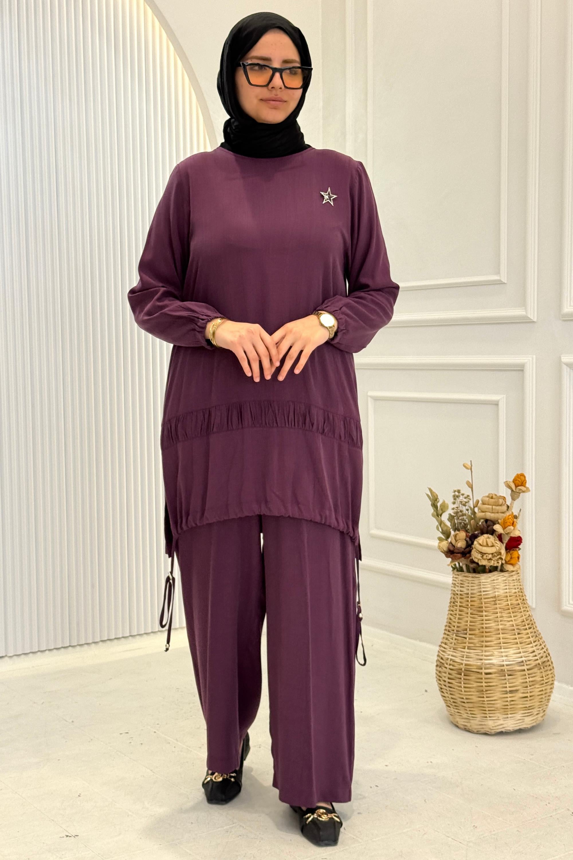 Behrem Büyük Beden Tesettür Pantolonlu Takım Vişne OTW3556