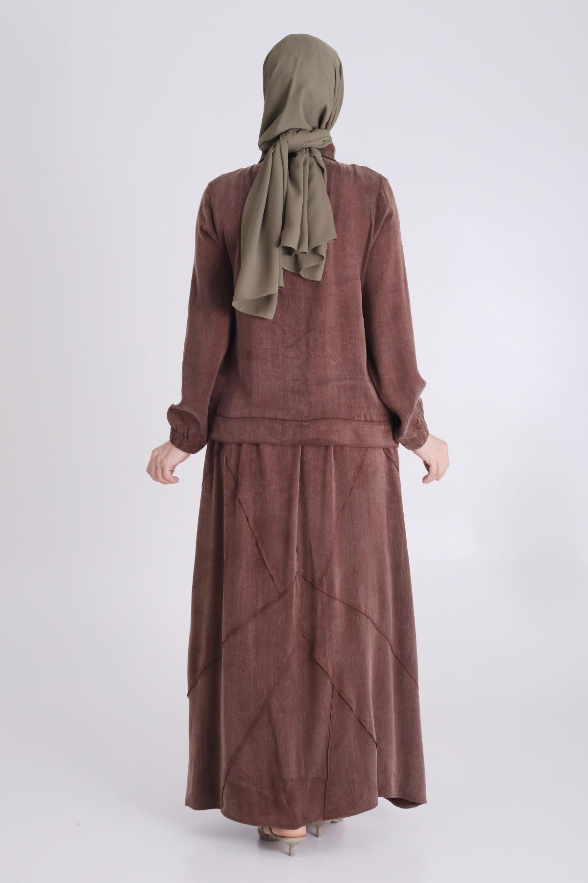 Behrem Büyük Beden Tesettür Qupra İpek Etekli Takım Kahve OTW35131