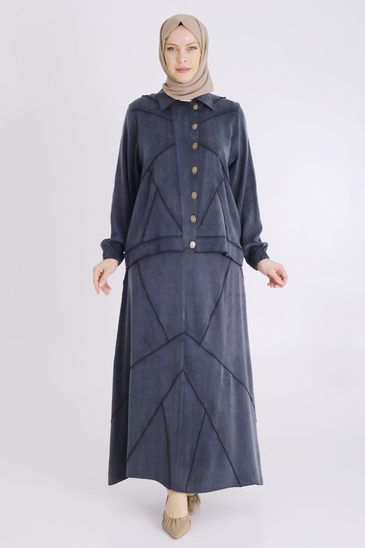 Behrem Büyük Beden Tesettür Qupra İpek Etekli Takım Siyah OTW35131