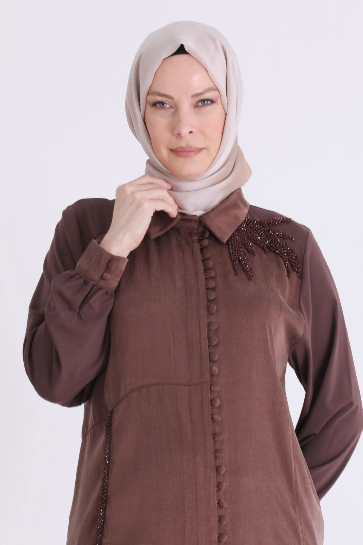Behrem Büyük Beden Tesettür Tunik Kahve OTW23042