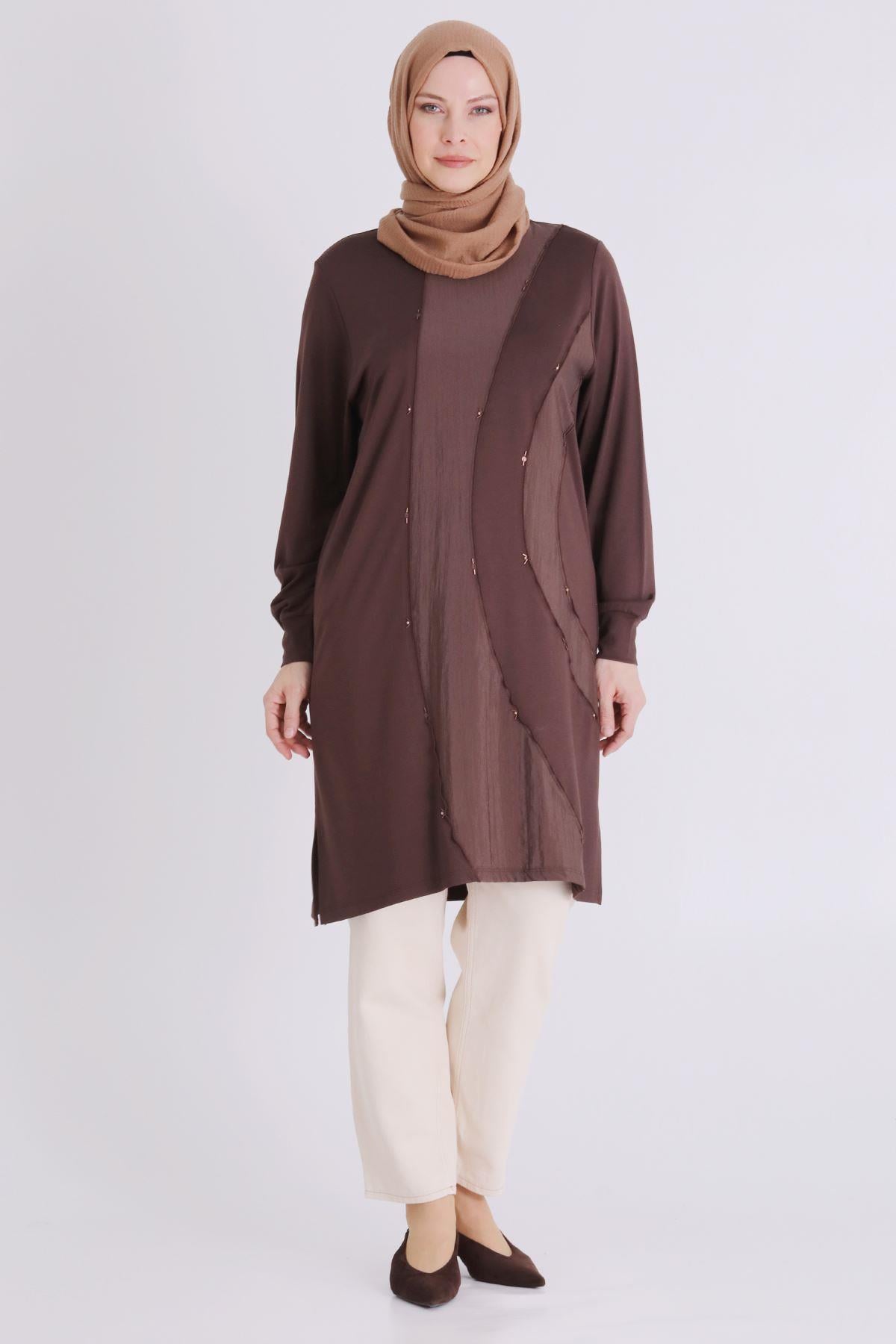 Behrem Büyük Beden Tesettür Tunik Kahve OTW2070