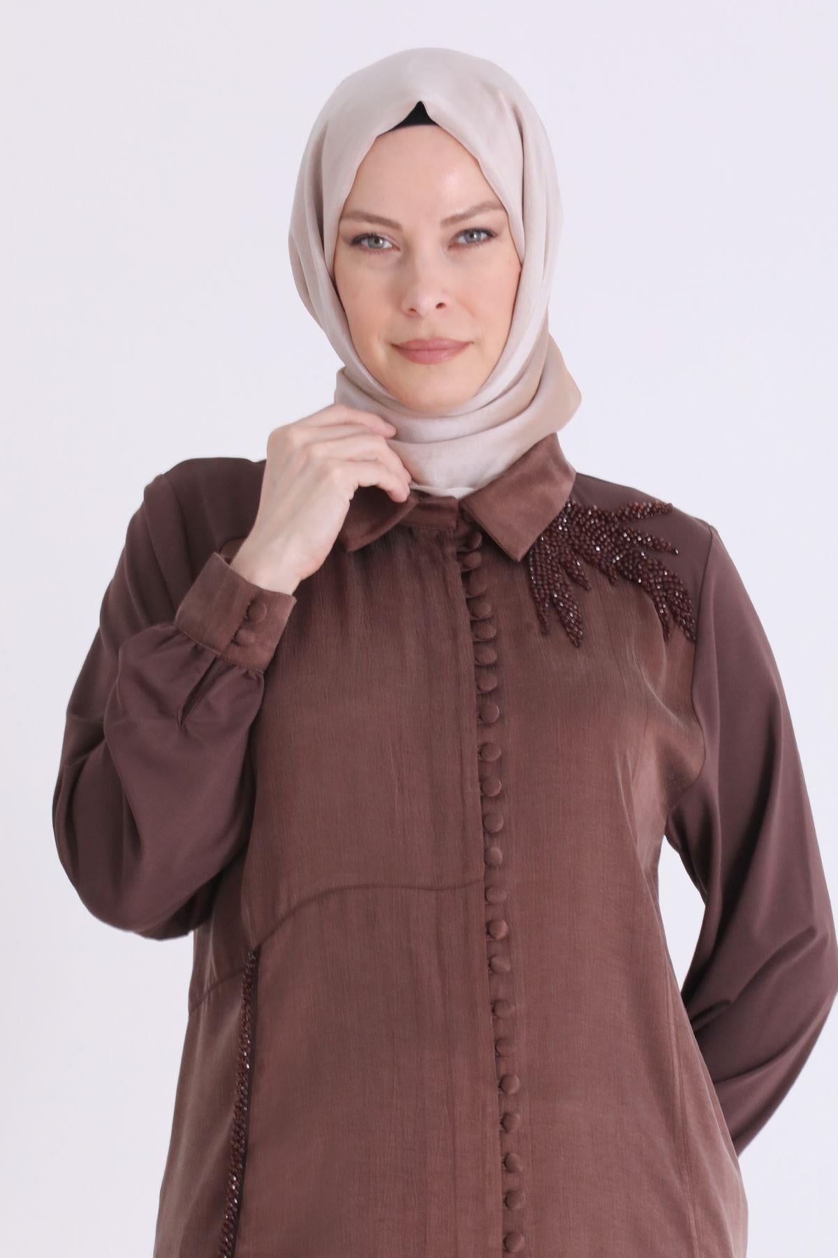 Behrem Büyük Beden Tesettür Tunik Kahve OTW23042