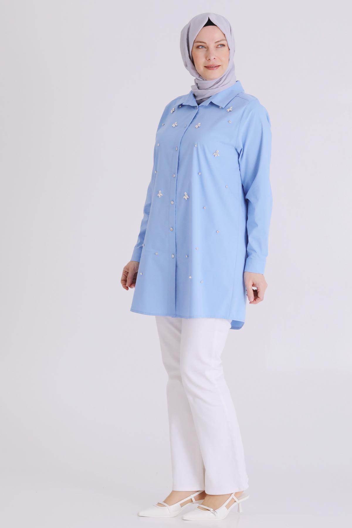Behrem Büyük Beden Tesettür Tunik Mavi OTW2357