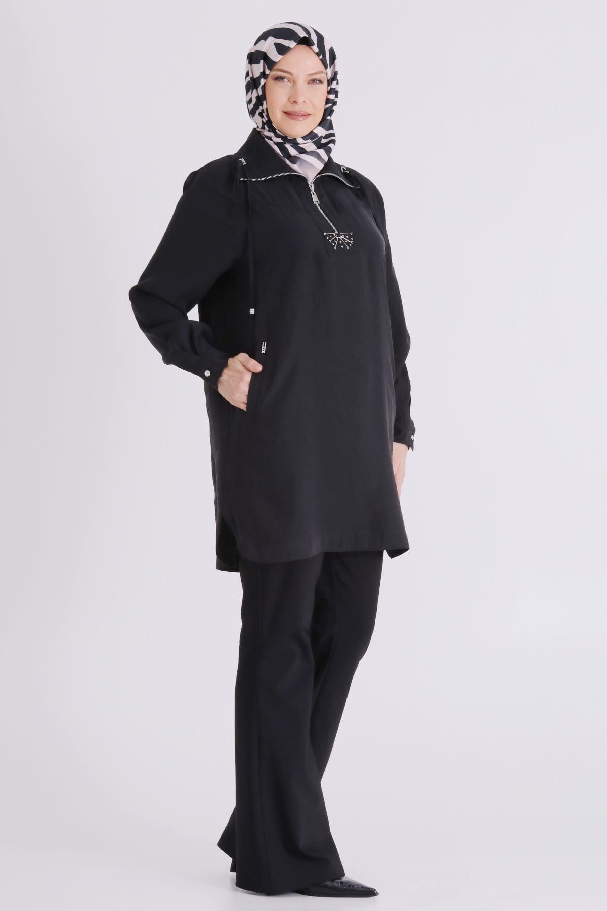 Behrem Büyük Beden Tesettür Tunik Siyah OTW23039