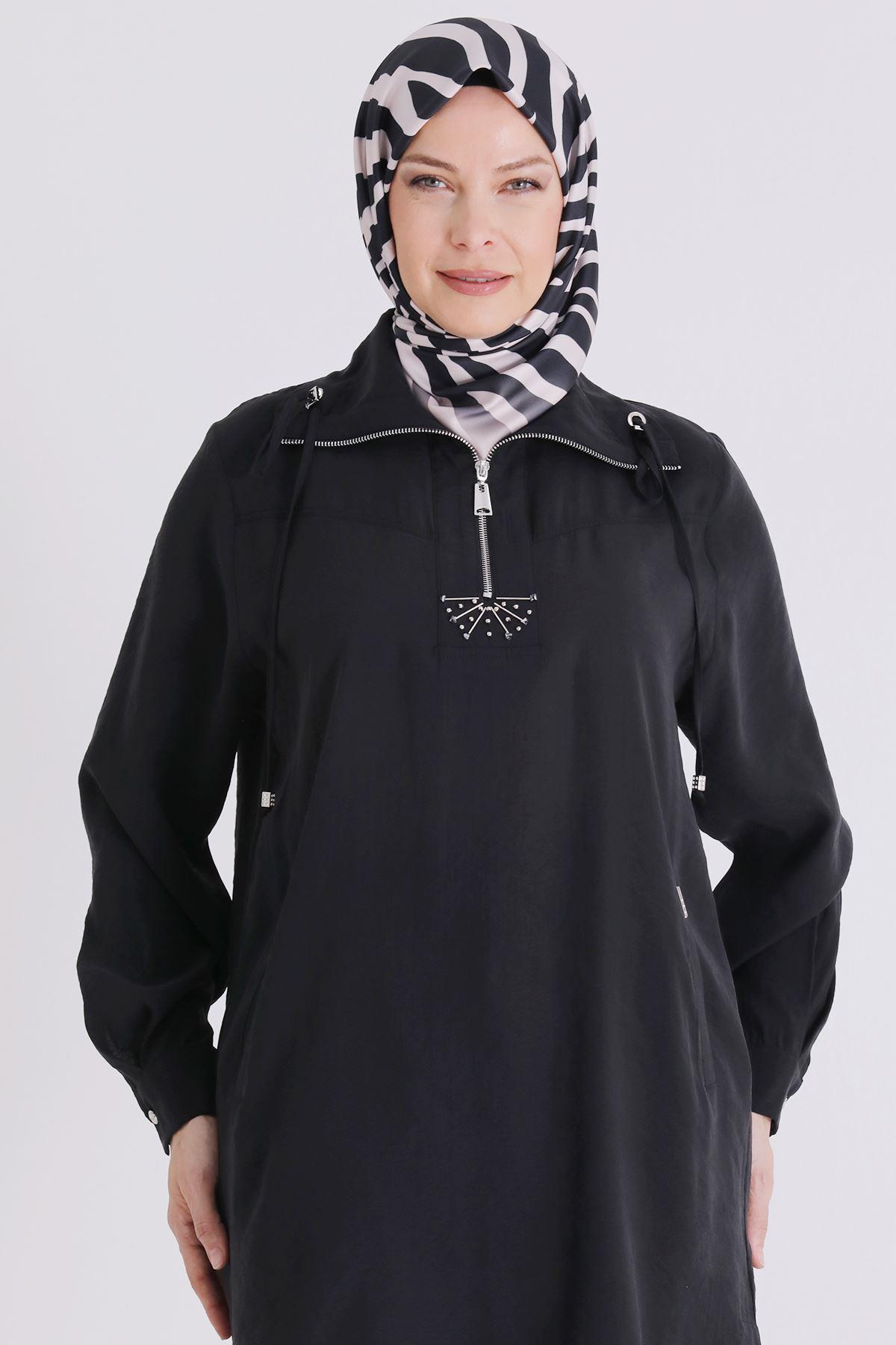 Behrem Büyük Beden Tesettür Tunik Siyah OTW23039