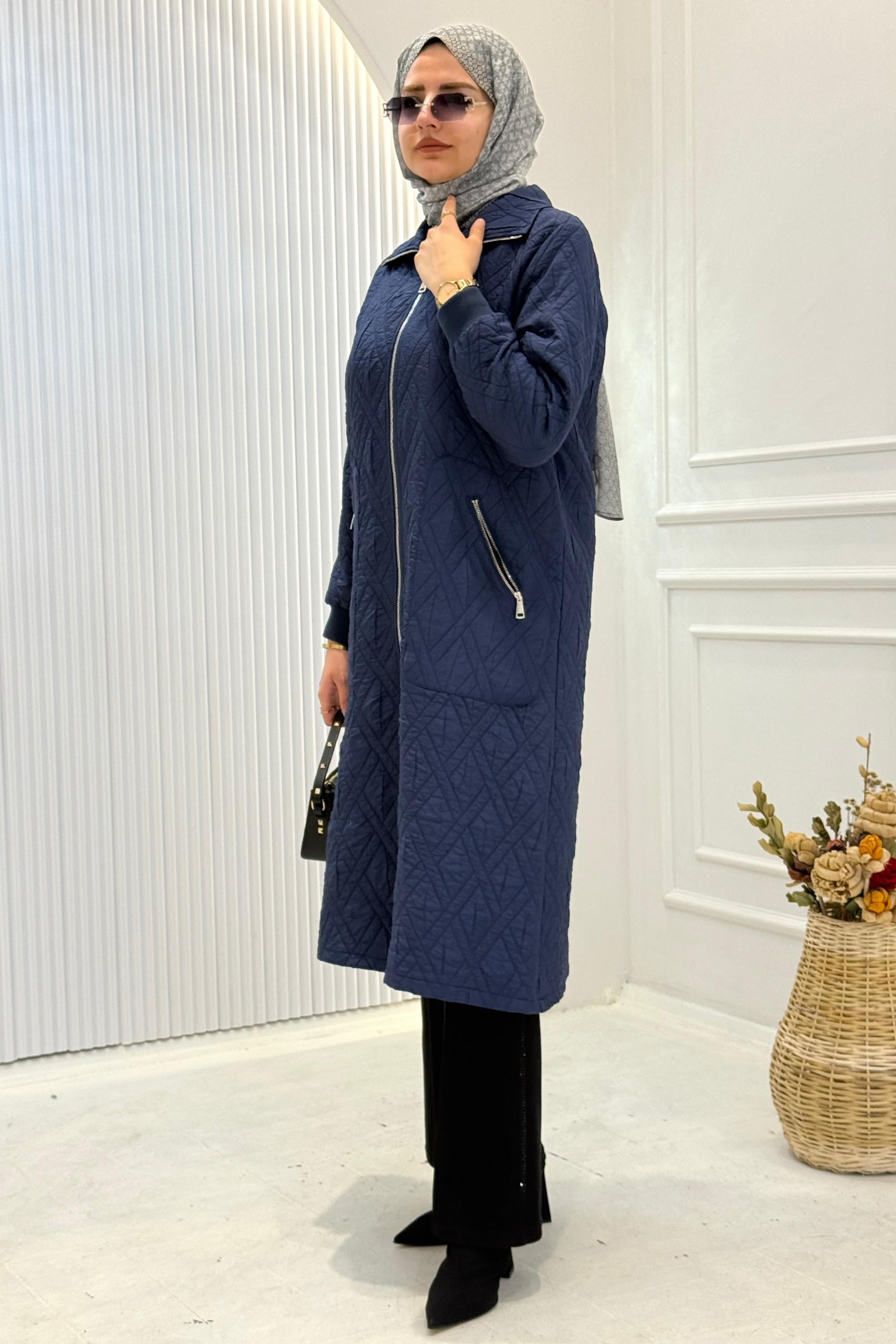 Behrem Cepli Fermuarlı Kapitone Büyük Beden Kap Lacivert OTW2551