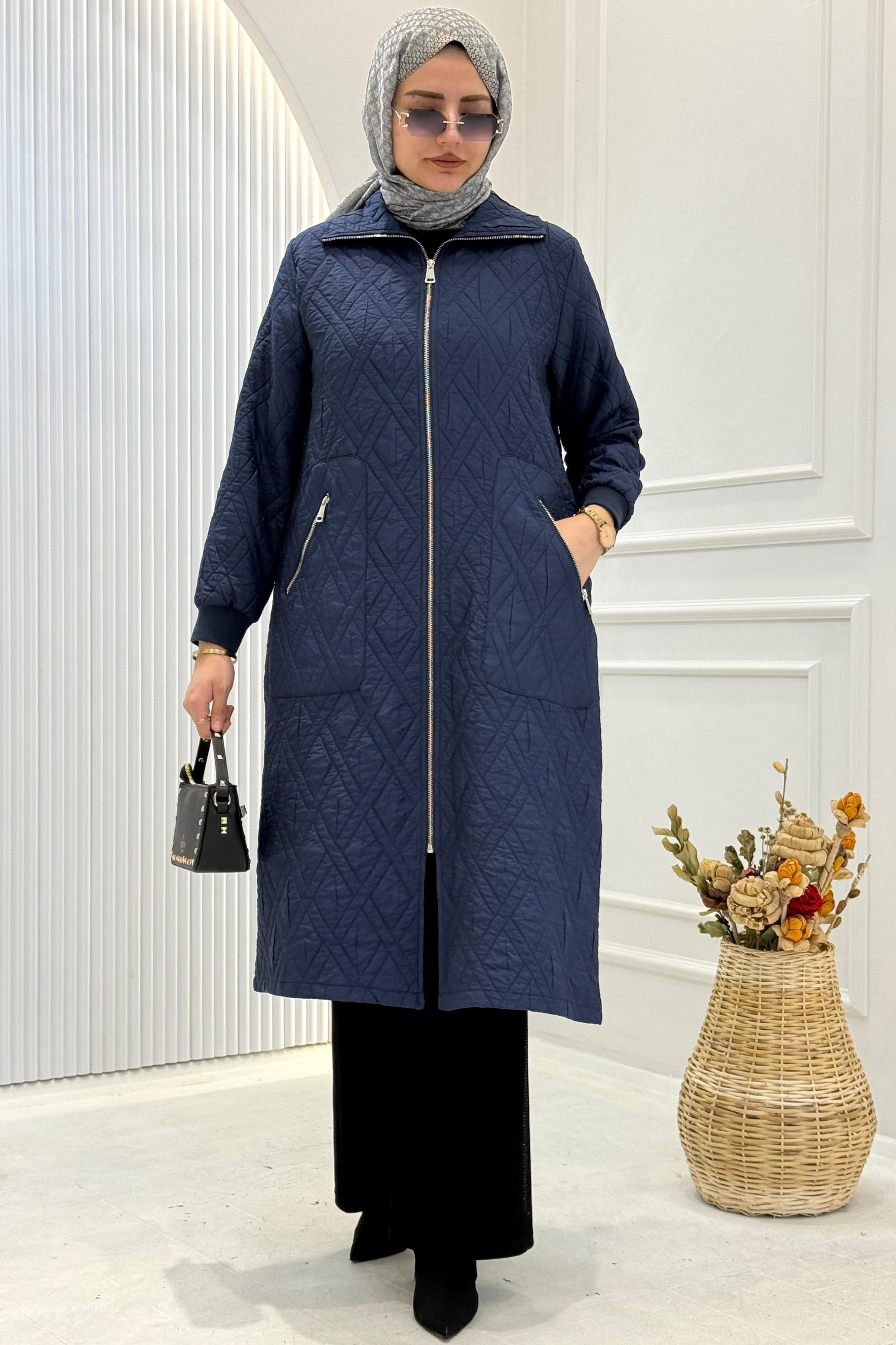 Behrem Cepli Fermuarlı Kapitone Büyük Beden Kap Lacivert OTW2551