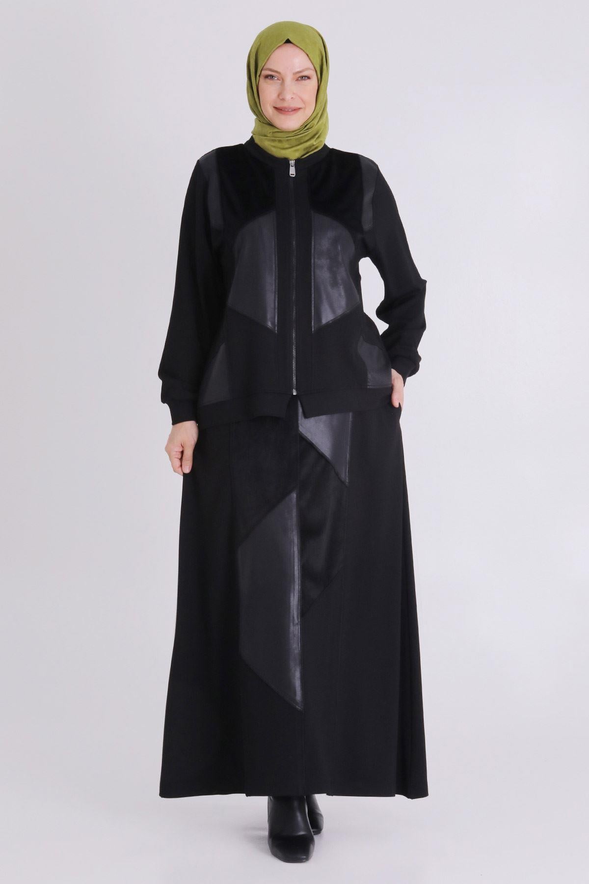 Behrem Fermuarlı Deri Görünümlü Etekli Takım Siyah OTW35137