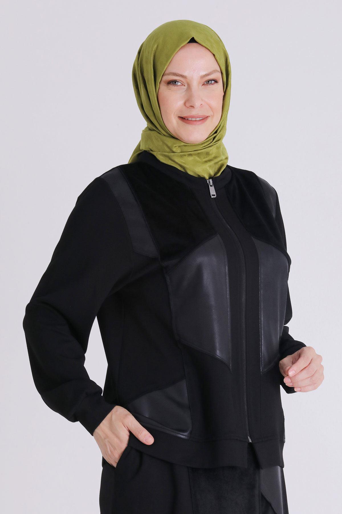 Behrem Fermuarlı Deri Görünümlü Etekli Takım Siyah OTW35137