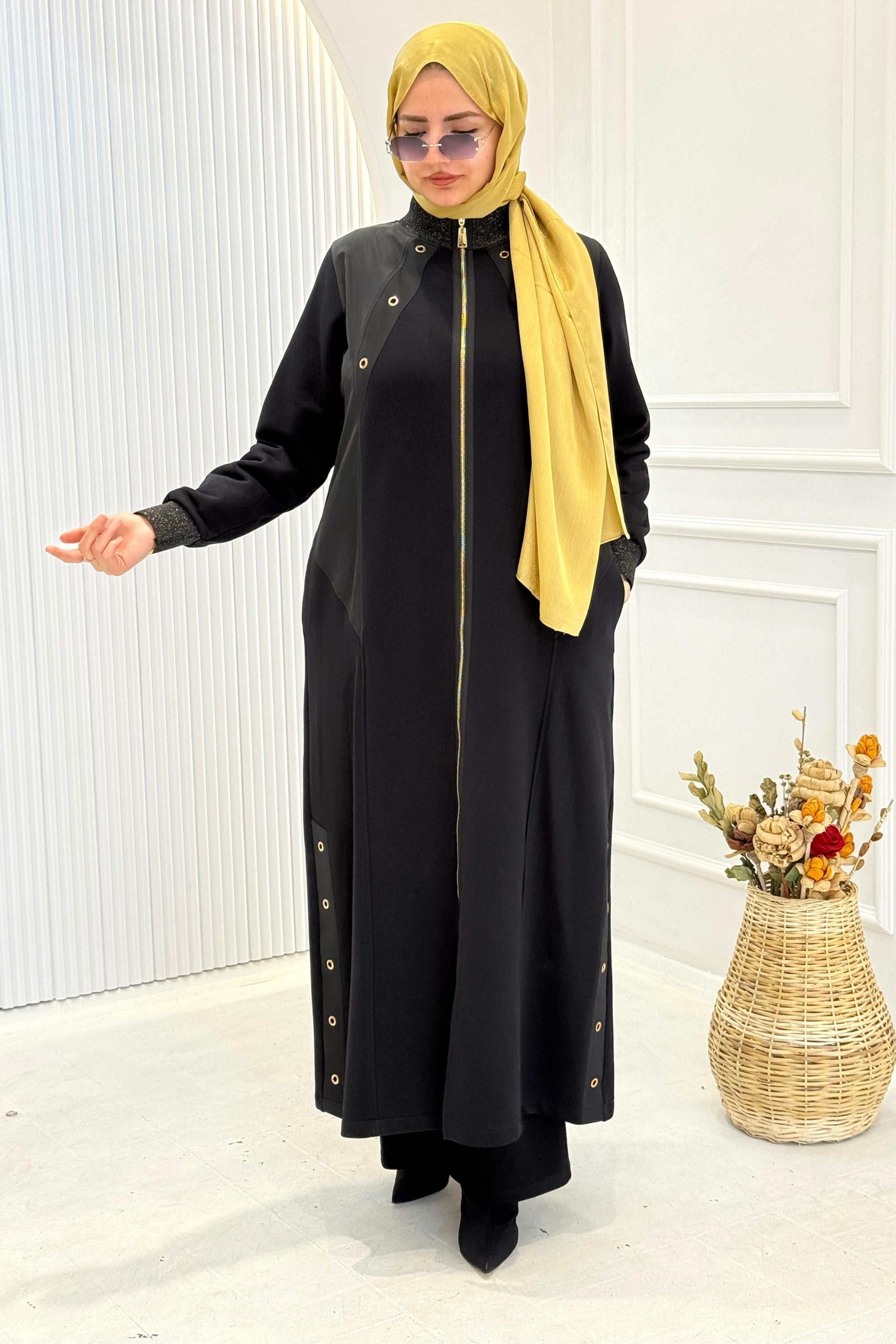 Behrem Fermuarlı Sim Detaylı Büyük Beden Üç İplik Tesettür Ferace Siyah OTW2822