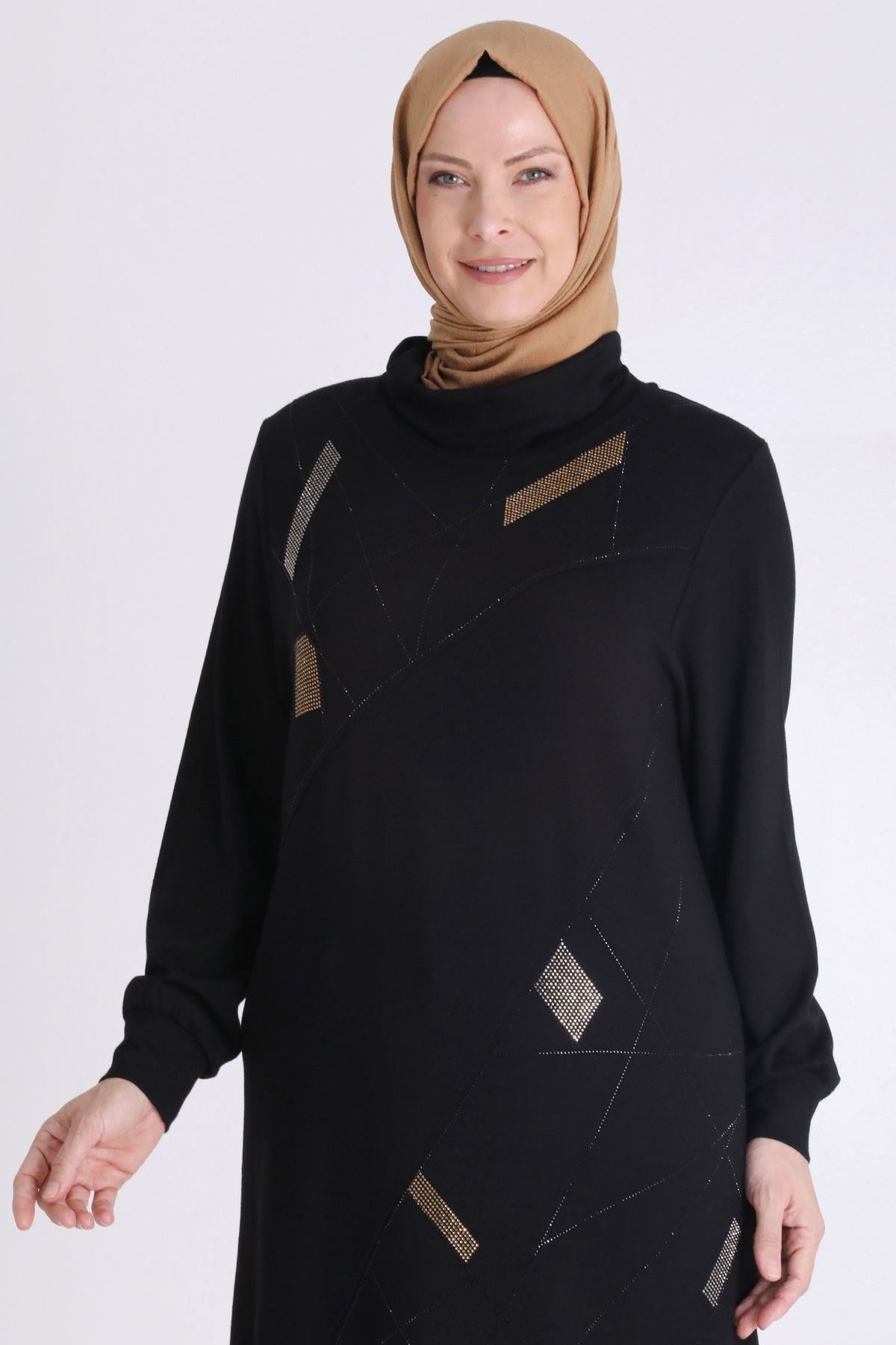Behrem Geometrik Taş İşlemeli Tesettür Tunik Siyah OTW20129