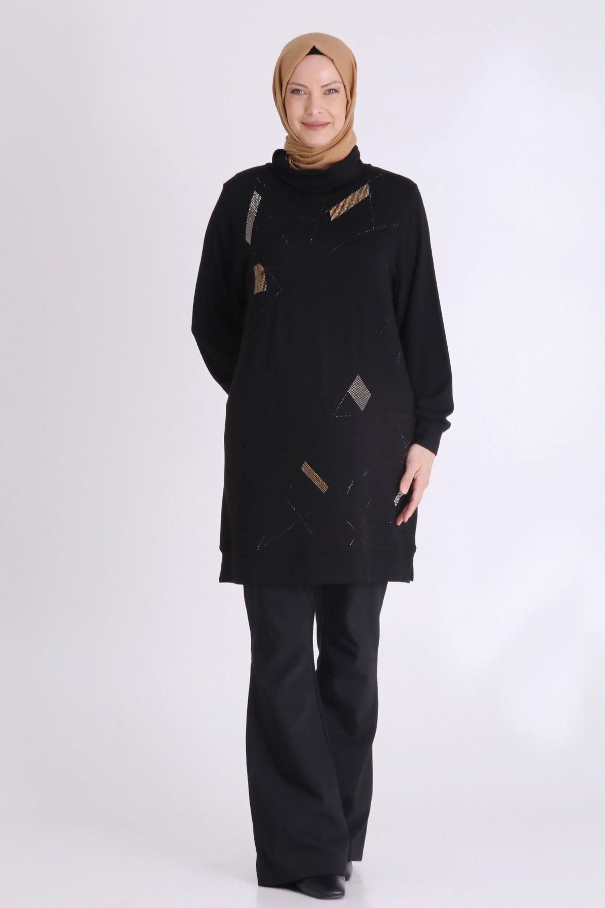 Behrem Geometrik Taş İşlemeli Tesettür Tunik Siyah OTW20129