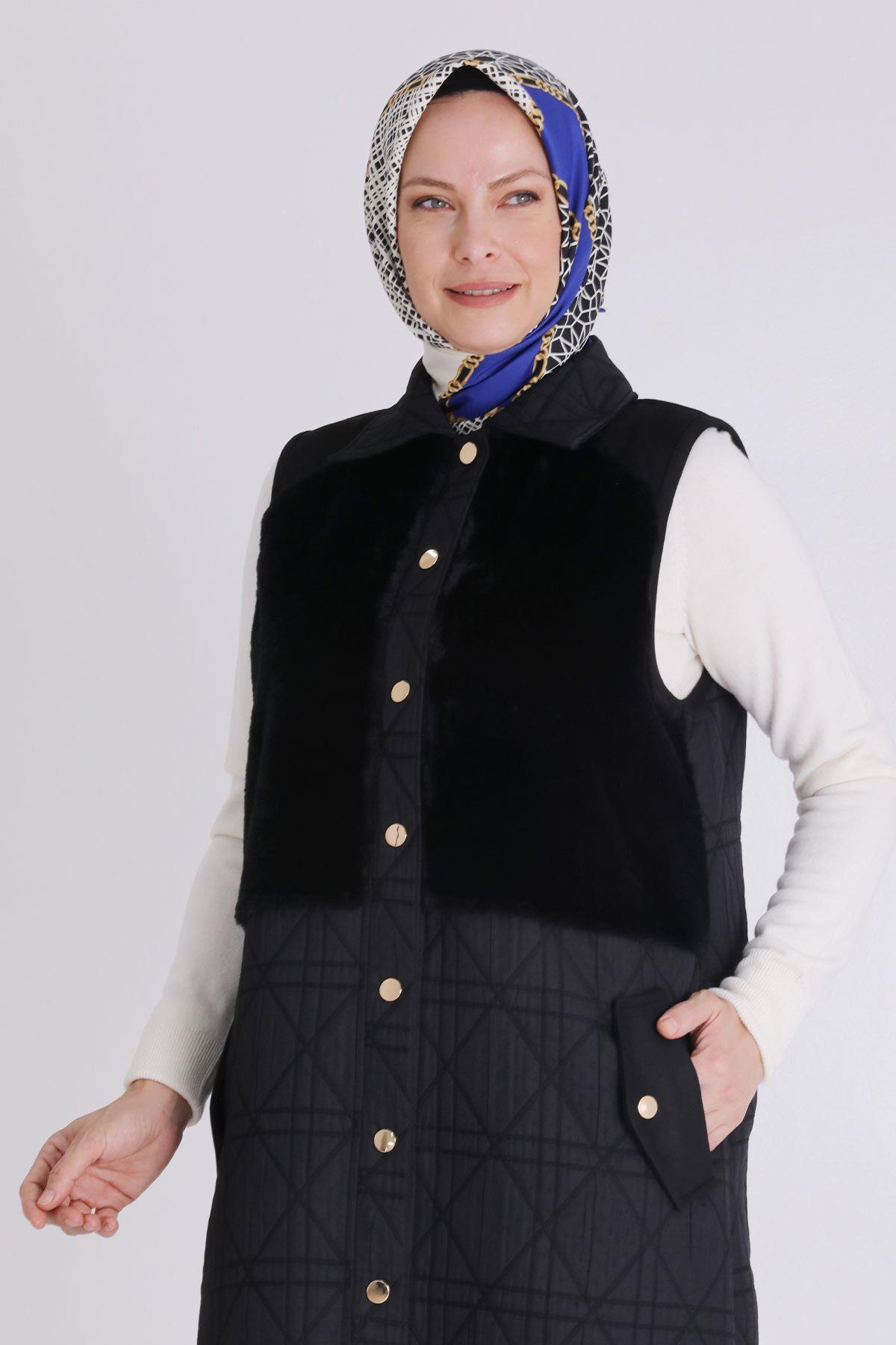 Behrem Kapitone Peluş Detaylı Tesettür Yelek Siyah OTW30014