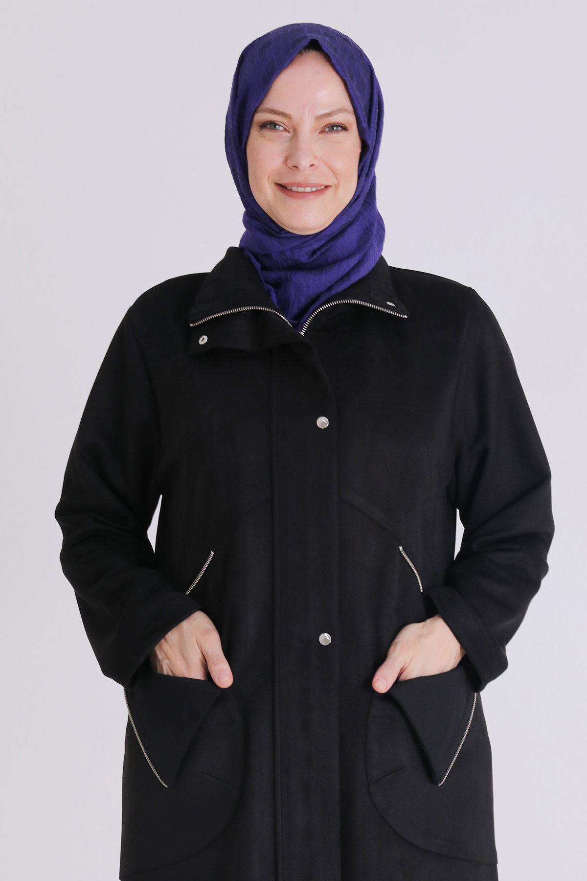 Behrem Minimal Stil Fermuar Detaylı Süet Kap Siyah OTW25129