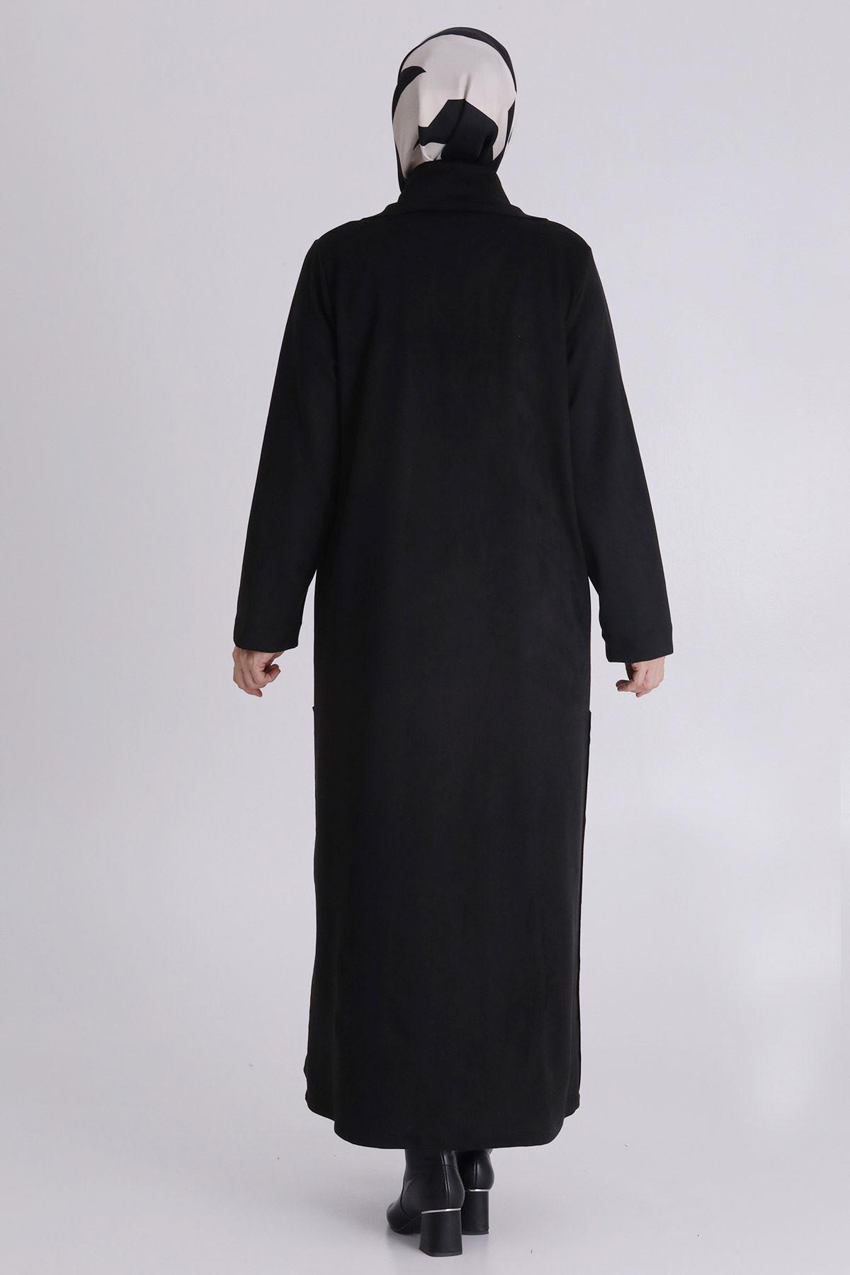 Behrem Minimal Tasarım Cepli Tesettür Ferace Siyah OTW28075