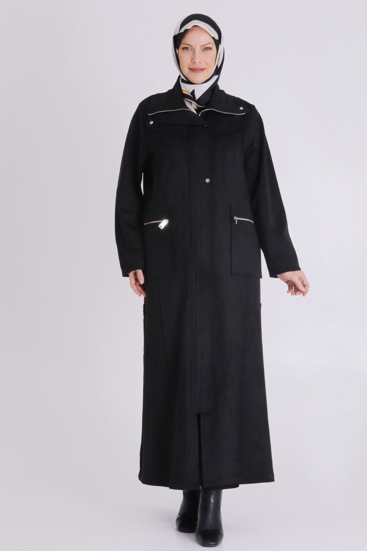 Behrem Minimal Tasarım Cepli Tesettür Ferace Siyah OTW28075