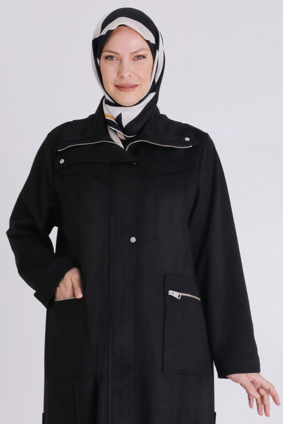 Behrem Minimal Tasarım Cepli Tesettür Ferace Siyah OTW28075