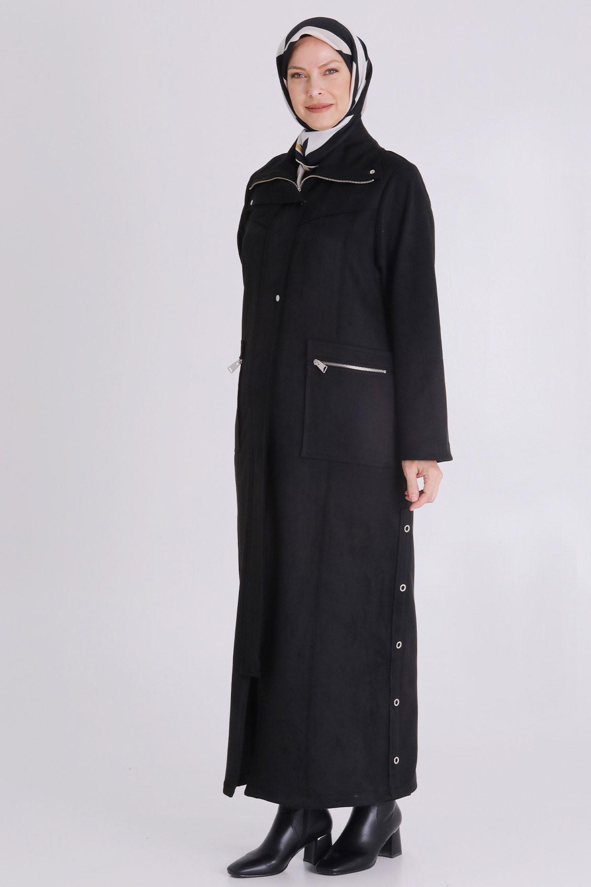 Behrem Minimal Tasarım Cepli Tesettür Ferace Siyah OTW28075