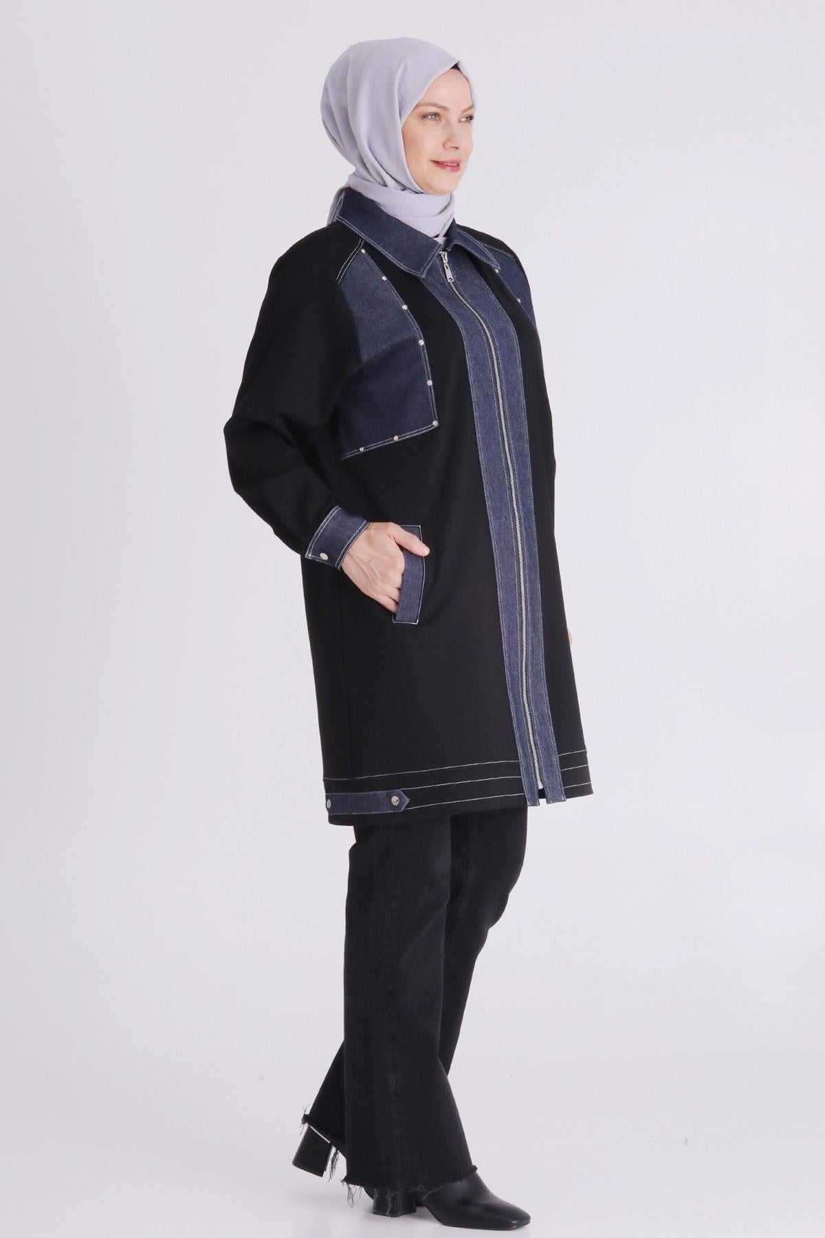 Behrem Modern Denim Detaylı Siyah Büyük Beden Kap Siyah OTW25130