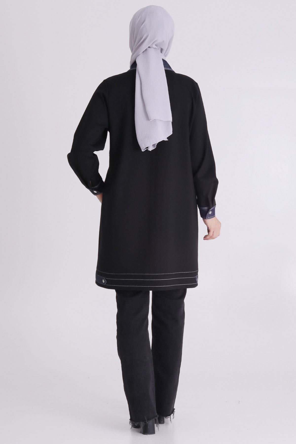 Behrem Modern Denim Detaylı Siyah Büyük Beden Kap Siyah OTW25130