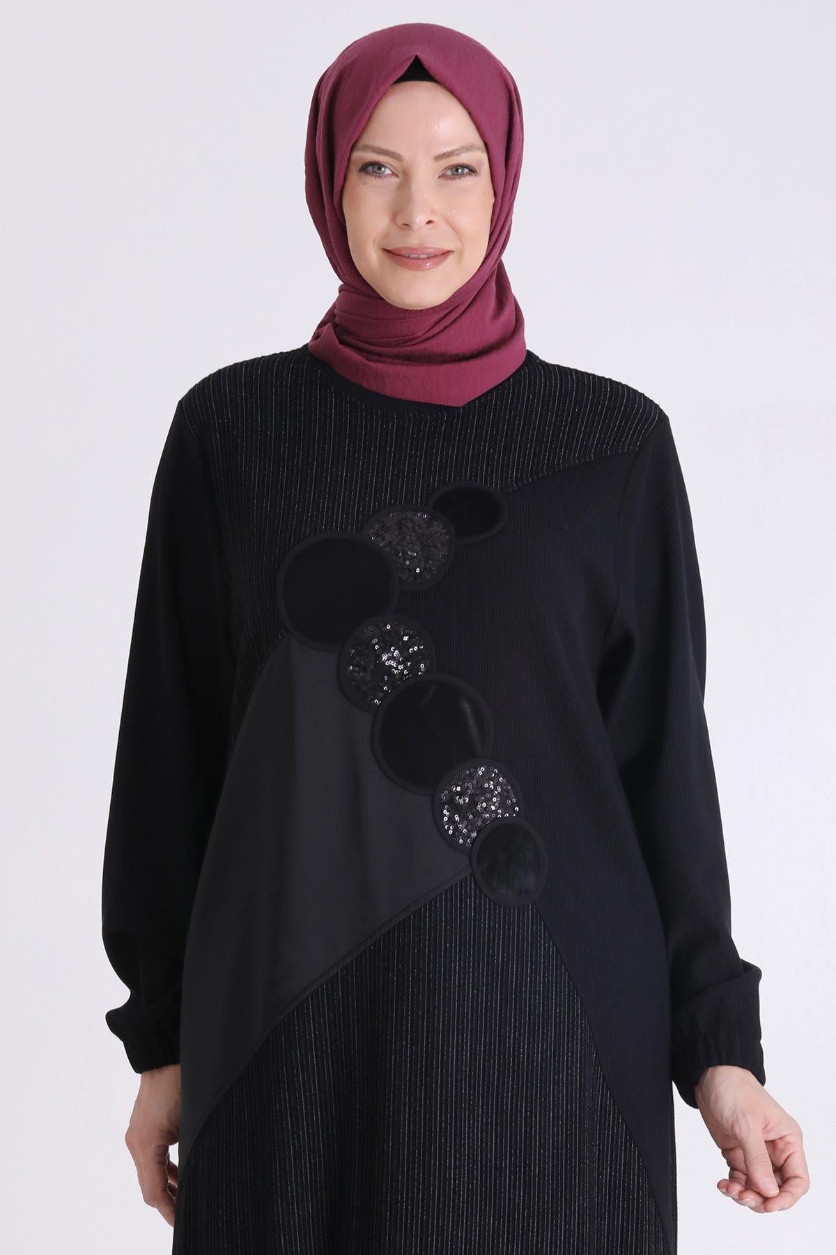 Behrem Pul Detaylı Asimetrik Tesettür Pantolonlu Takım Siyah OTW3551