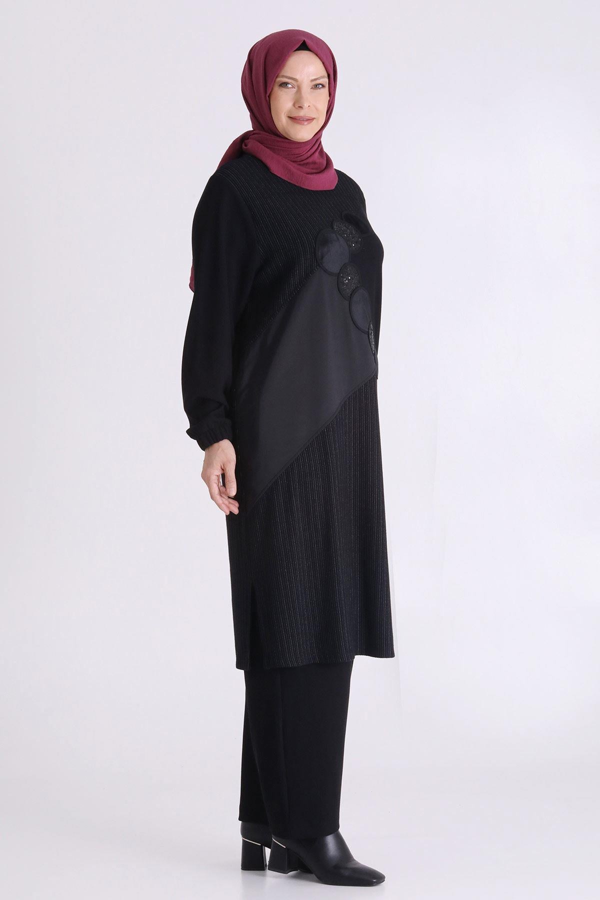 Behrem Pul Detaylı Asimetrik Tesettür Pantolonlu Takım Siyah OTW3551