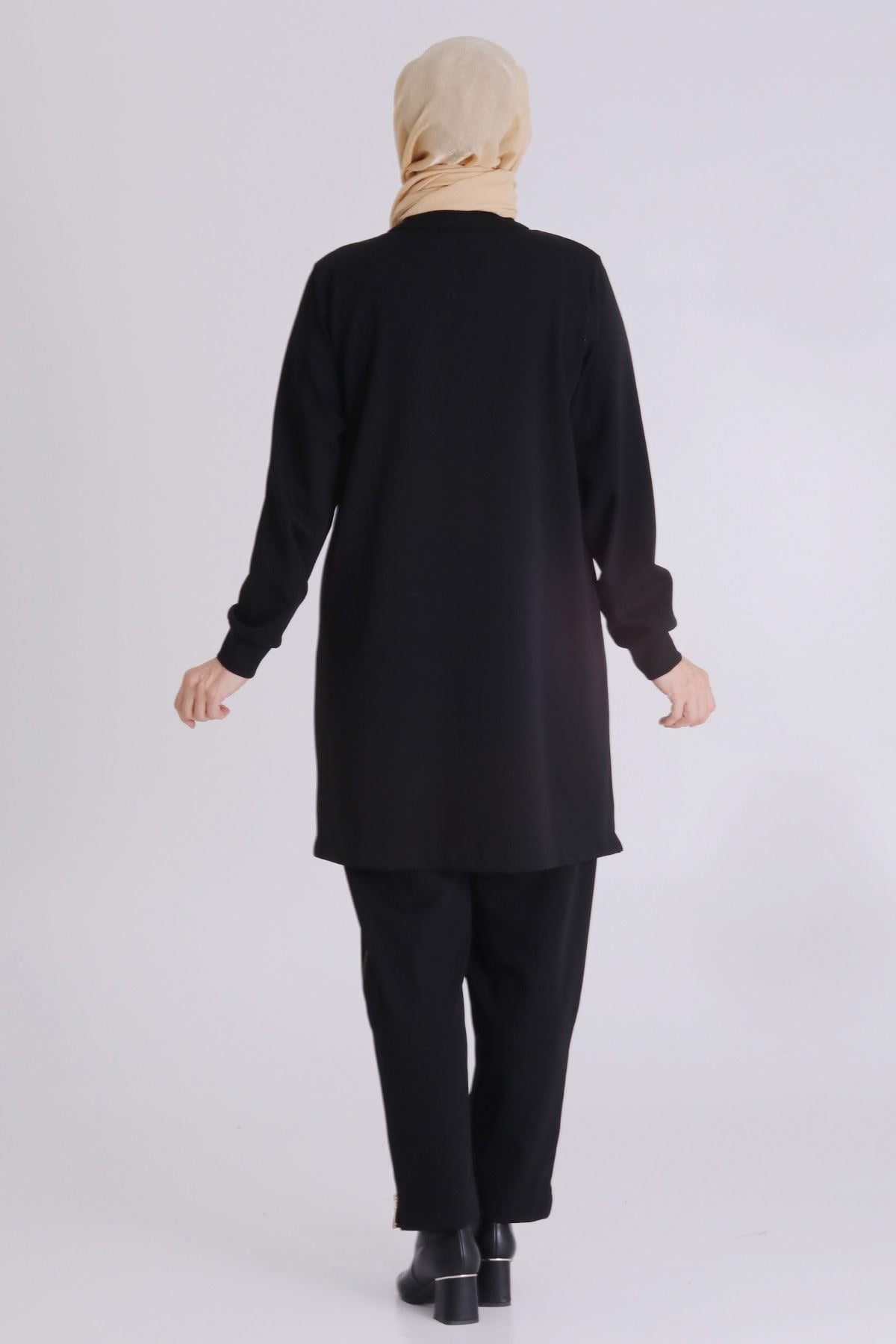 Behrem Şık Altın Dikişli Pantolonlu Büyük Beden Tesettür Takım Siyah OTW35134