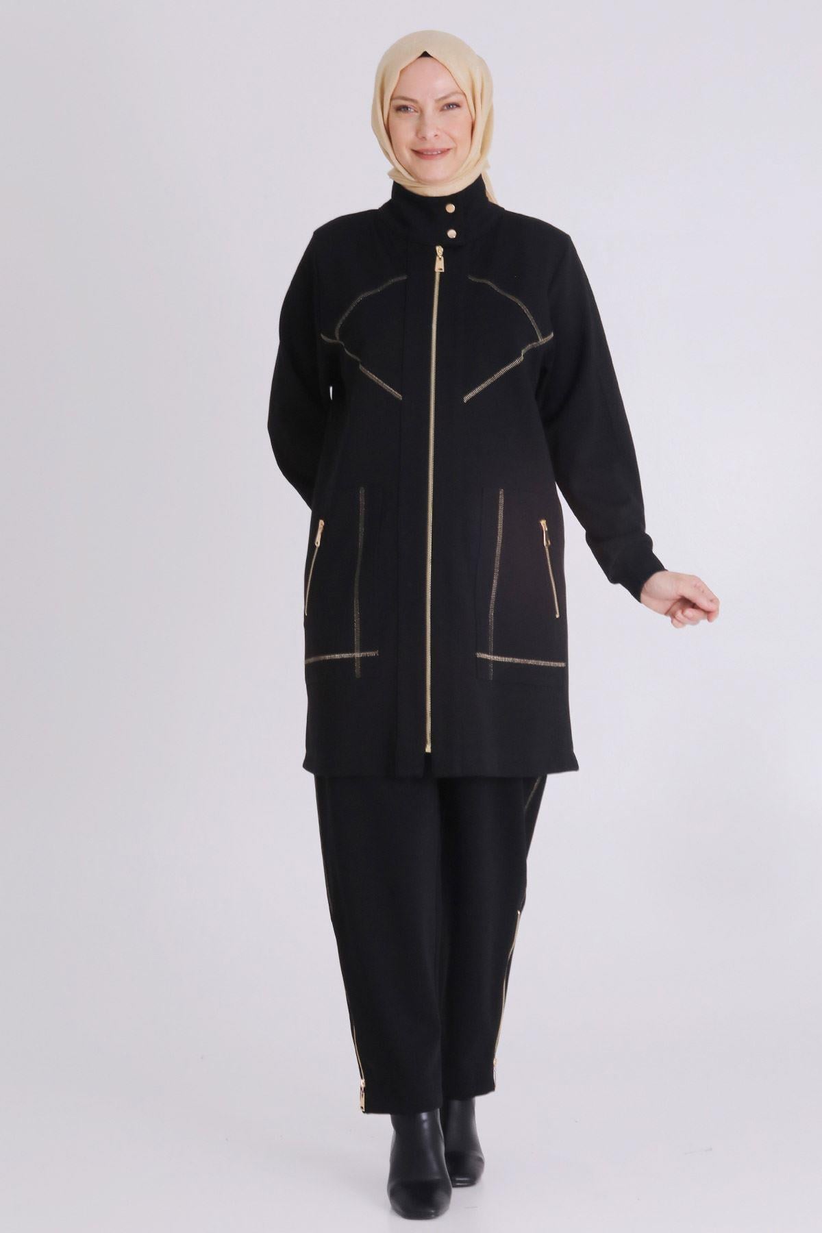 Behrem Şık Altın Dikişli Pantolonlu Büyük Beden Tesettür Takım Siyah OTW35134