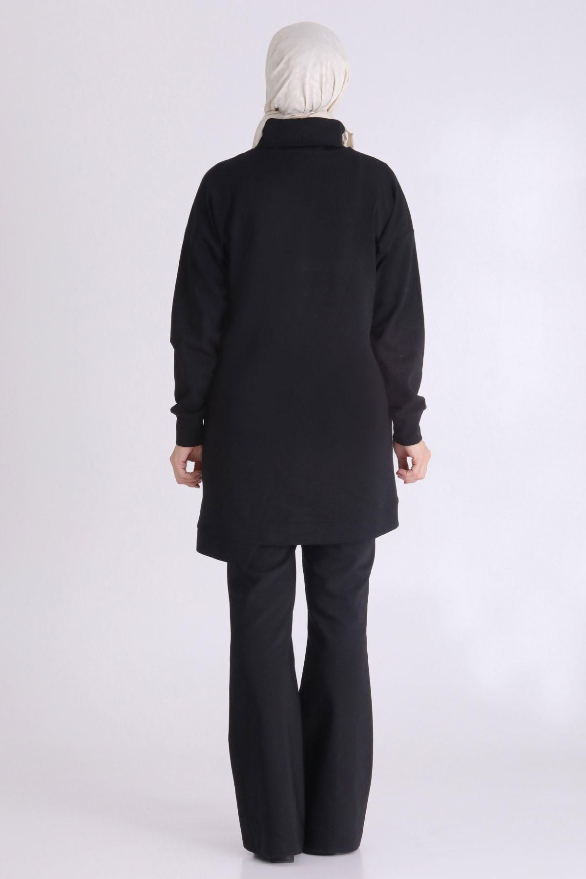 Behrem Taş İşlemeli Asimetrik Fermuar Detaylı Büyük Beden Tesettür Tunik Siyah OTW20127