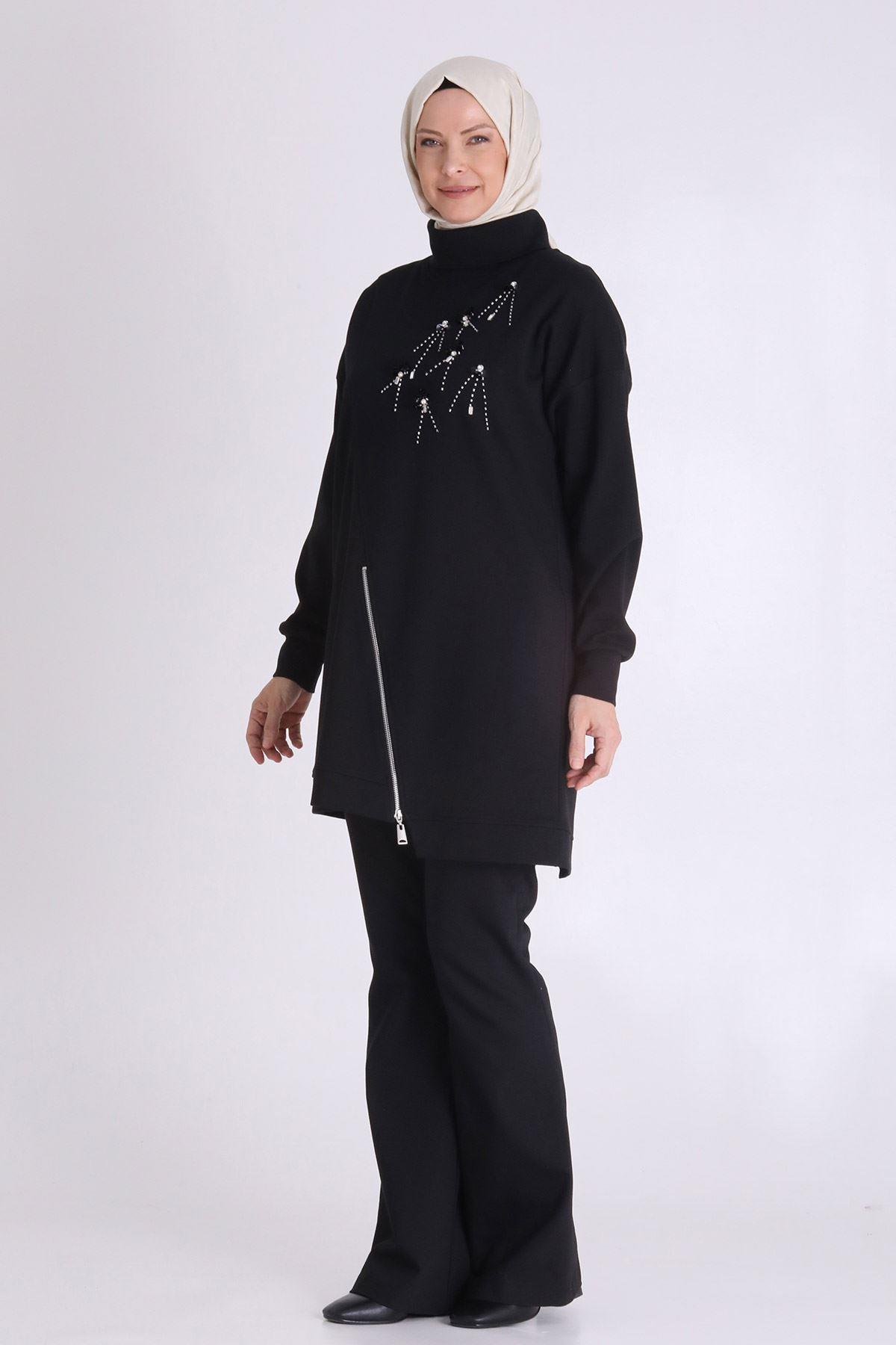 Behrem Taş İşlemeli Asimetrik Fermuar Detaylı Büyük Beden Tesettür Tunik Siyah OTW20127