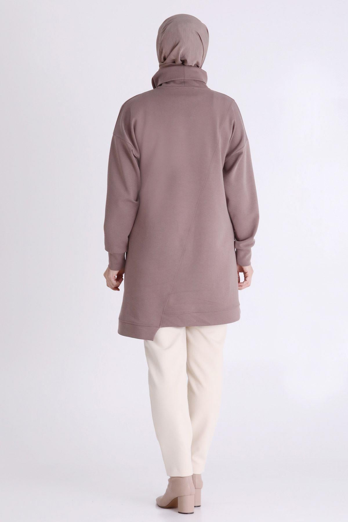 Behrem Taş İşlemeli Asimetrik Fermuar Detaylı Büyük Beden Tesettür Tunik Kestane OTW20127