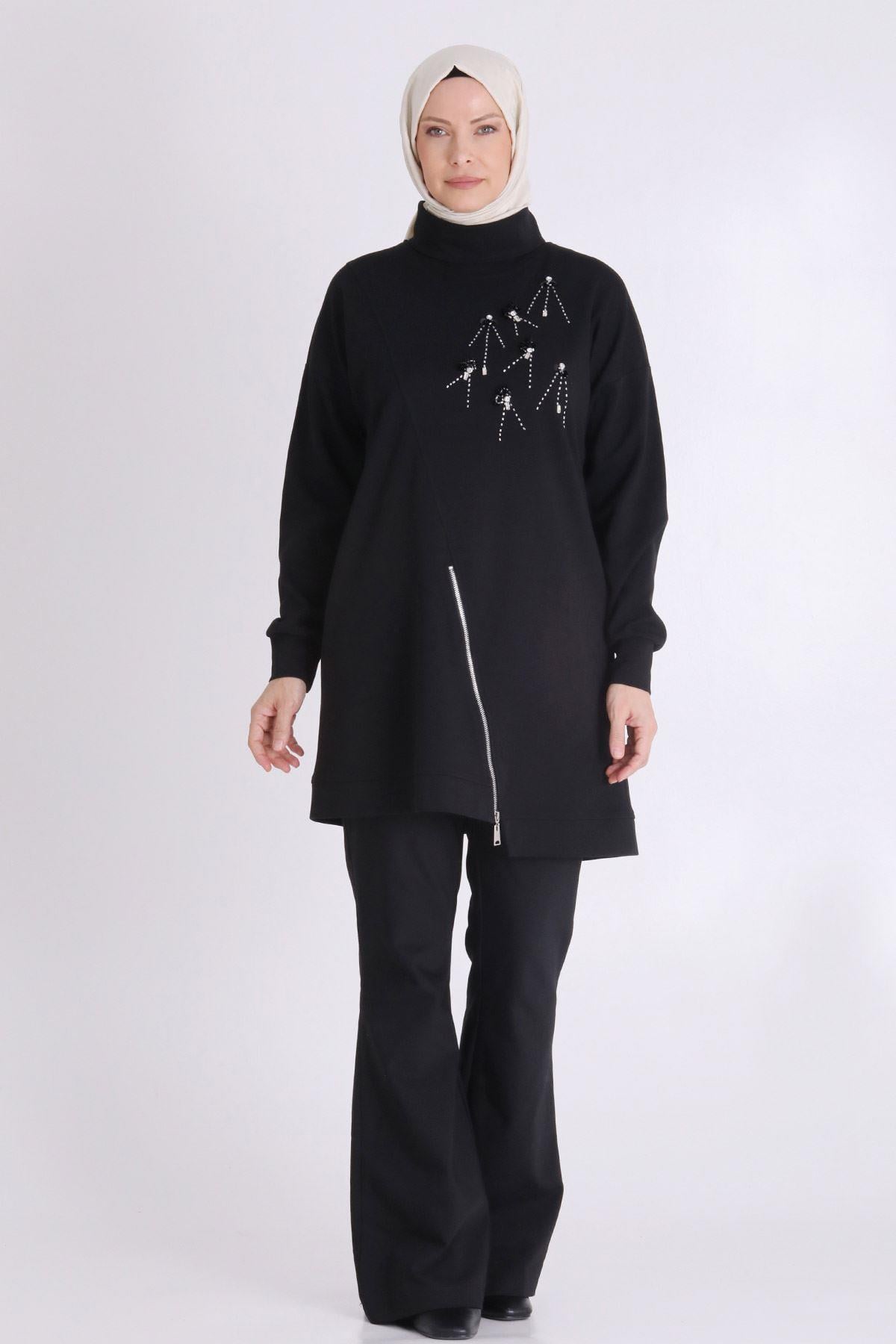 Behrem Taş İşlemeli Asimetrik Fermuar Detaylı Büyük Beden Tesettür Tunik Siyah OTW20127