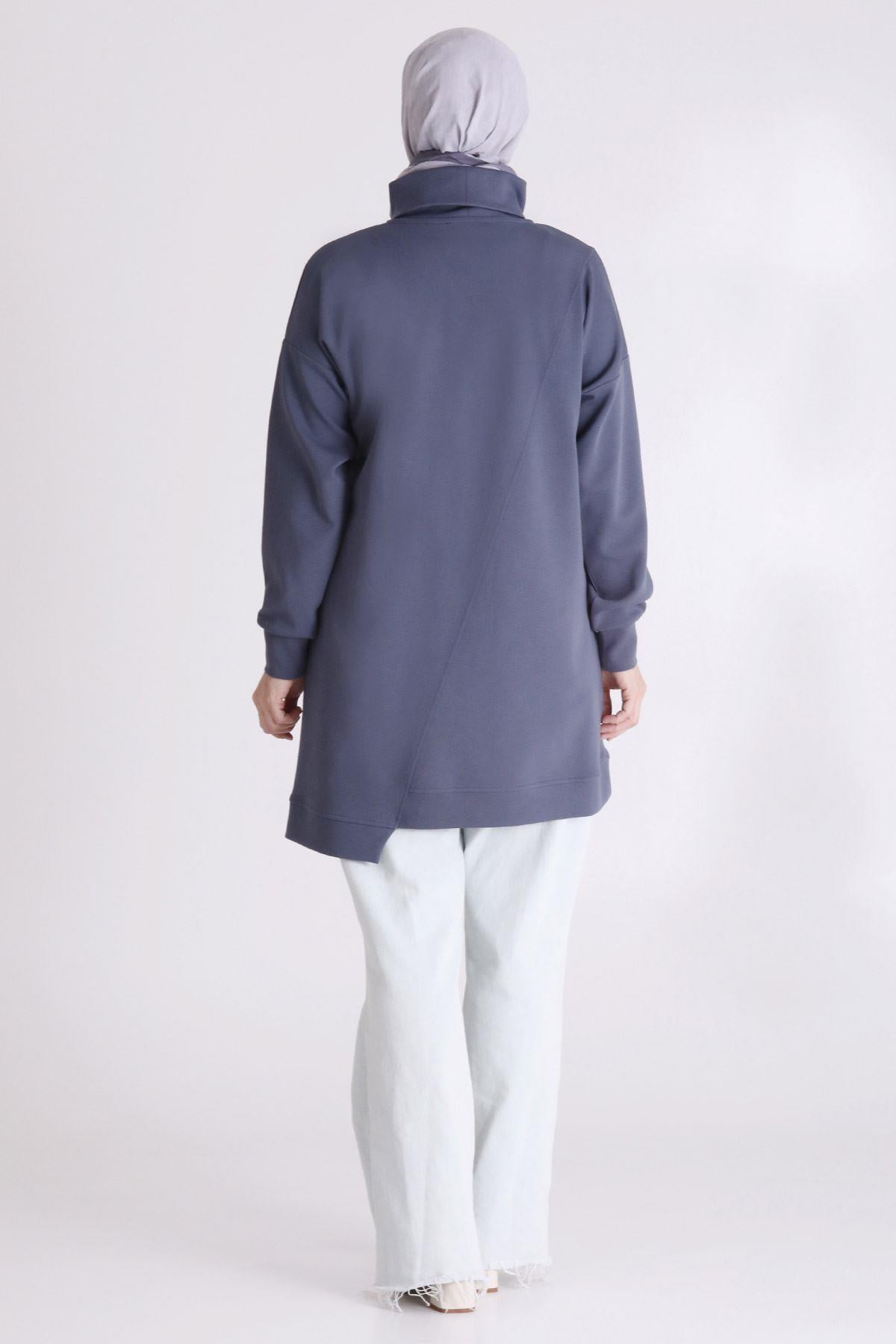Behrem Taş İşlemeli Asimetrik Fermuar Detaylı Büyük Beden Tesettür Tunik Duman Mavi OTW20127