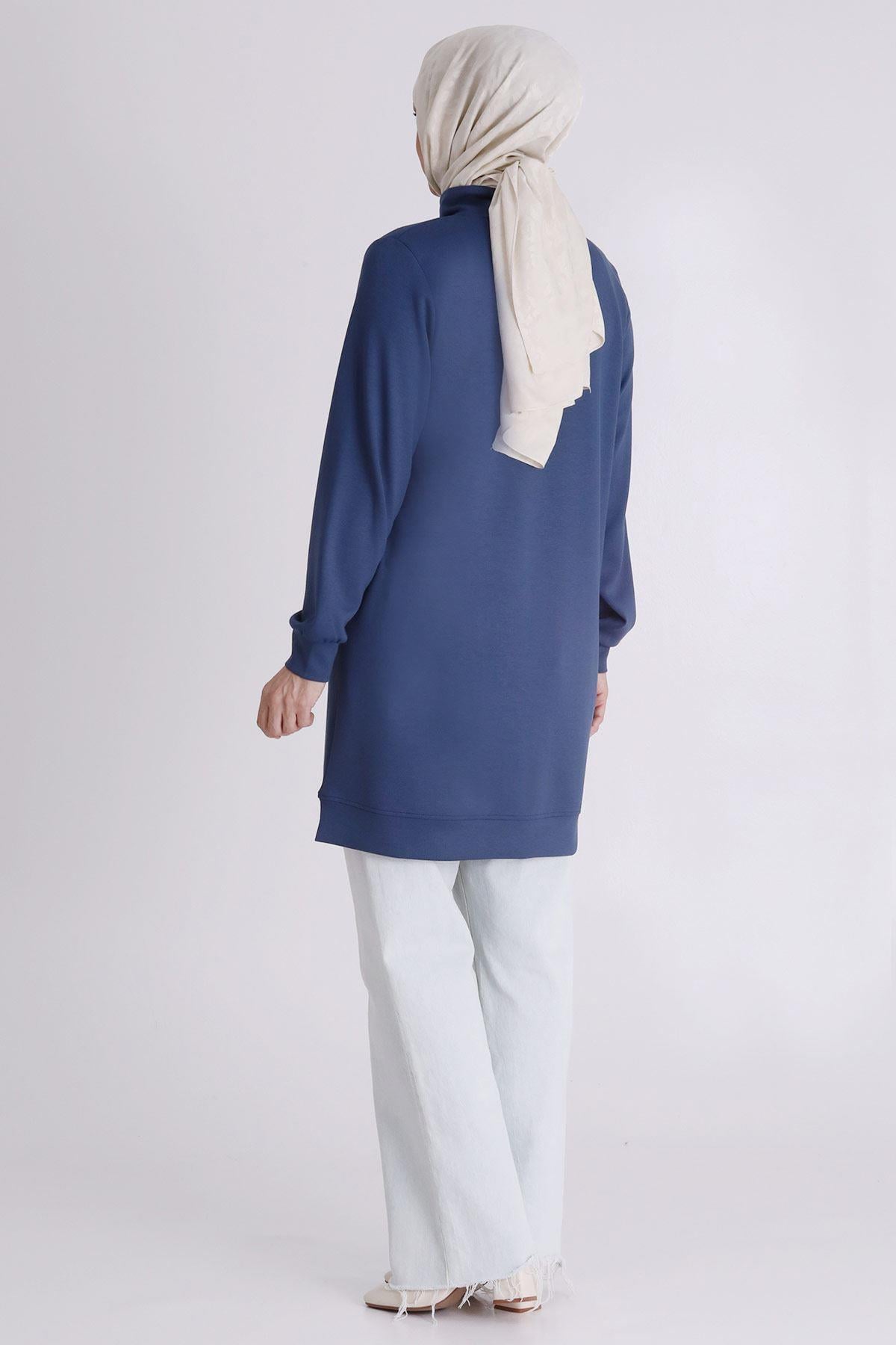 Behrem Taşlı Yaka Bağcıklı Tunik İndigo OTW2062