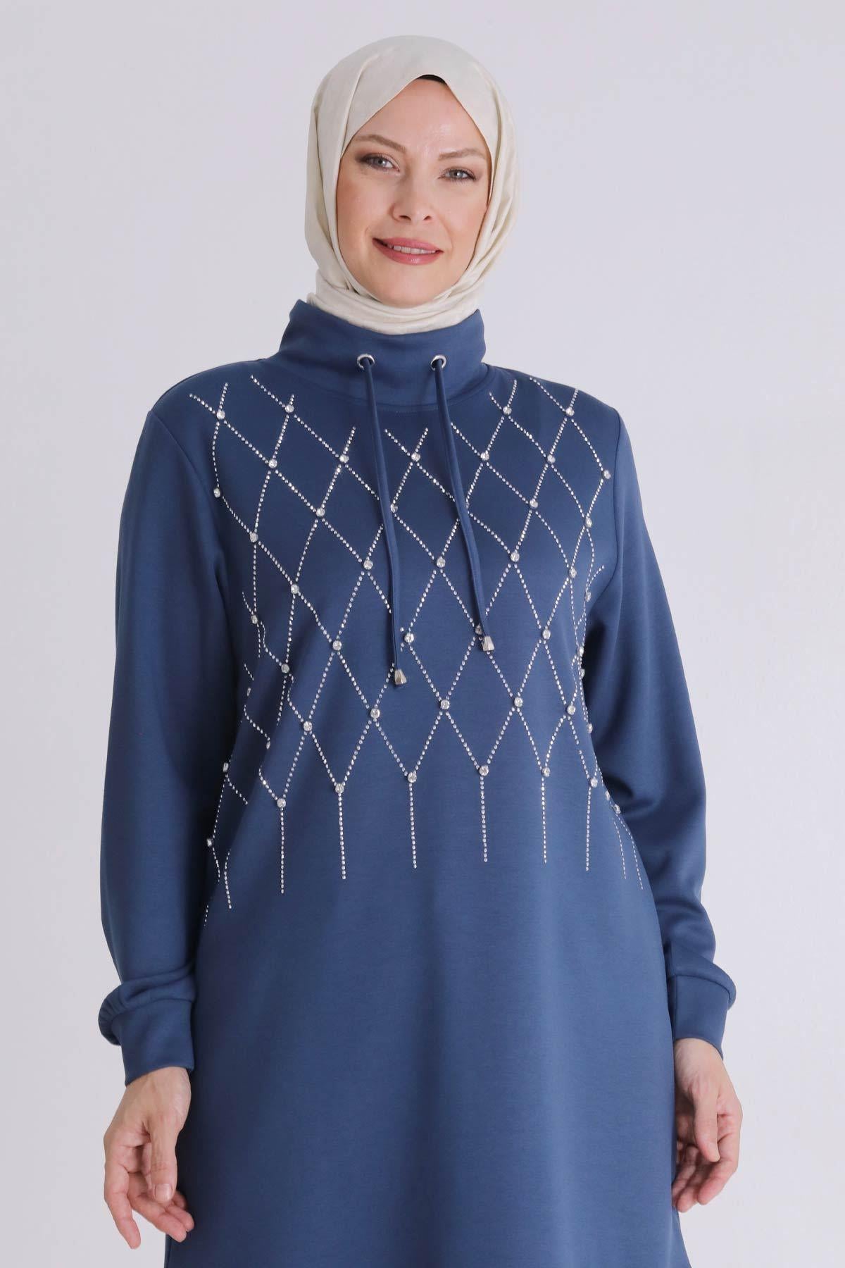 Behrem Taşlı Yaka Bağcıklı Tunik İndigo OTW2062