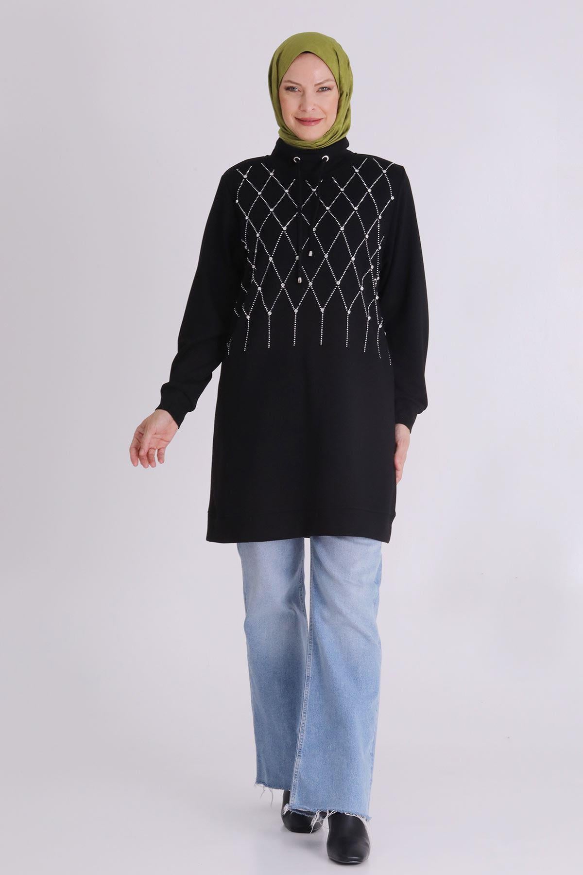 Behrem Taşlı Yaka Bağcıklı Tunik Siyah OTW2062