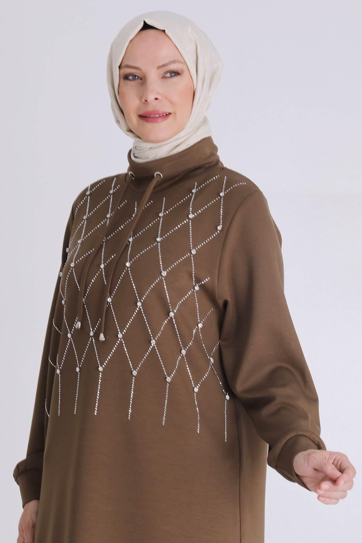Behrem Taşlı Yaka Bağcıklı Tunik Vizon OTW2062