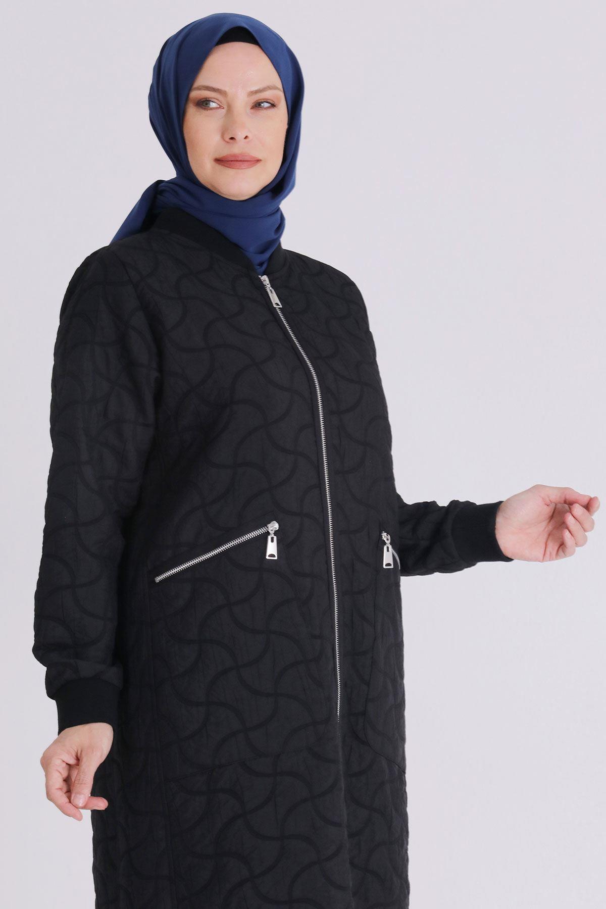 Behrem Tesettür Büyük Beden Spor Şık Kapitone Ferace Siyah OTW2821