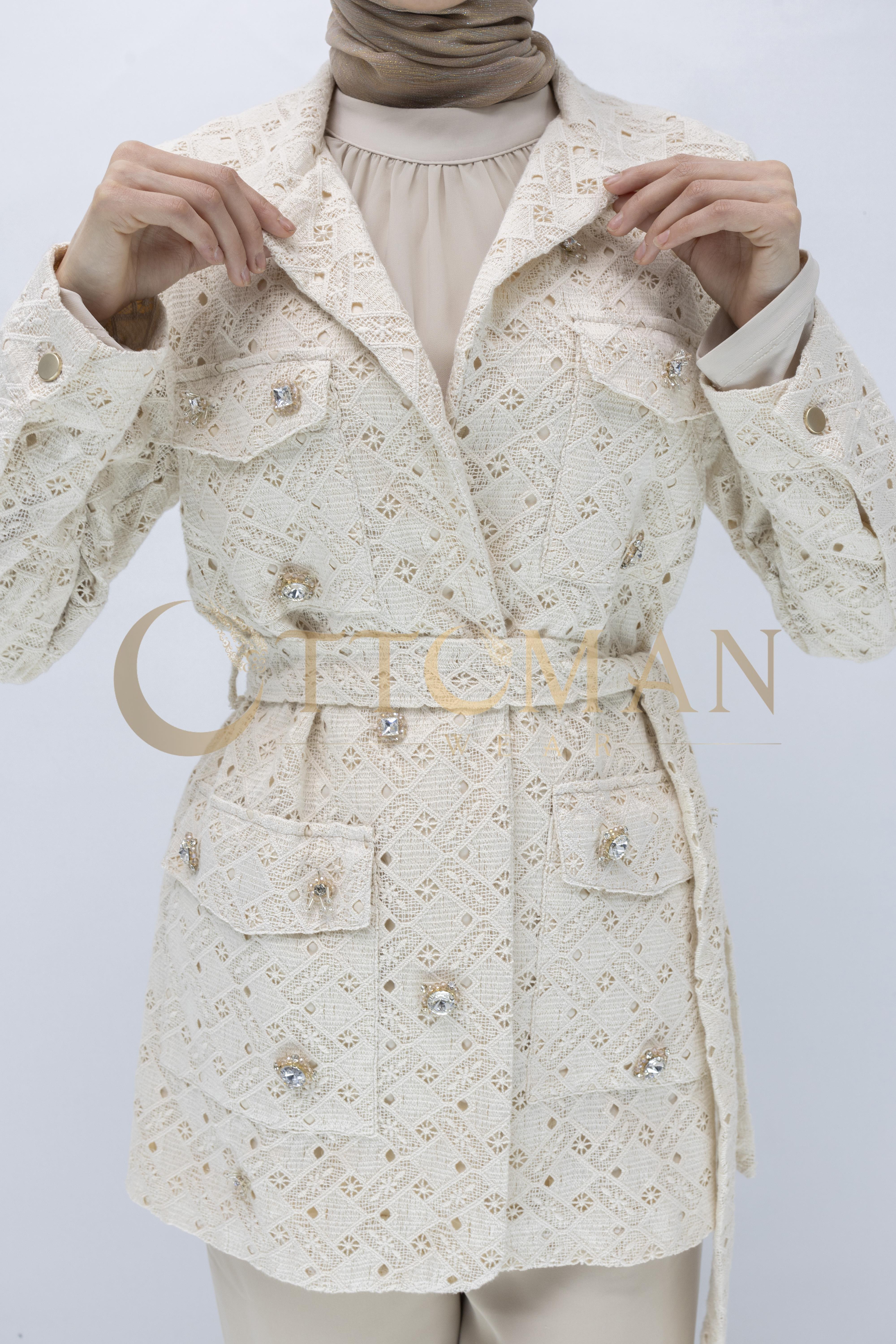 Bej Taş Düğmeli Dantel Ceket  Bej OTW14230